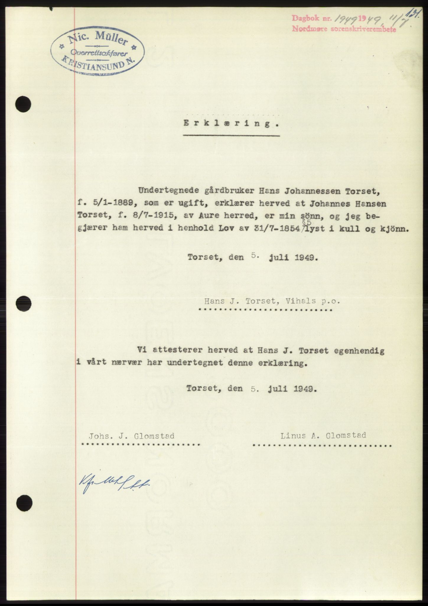 Nordmøre sorenskriveri, AV/SAT-A-4132/1/2/2Ca: Mortgage book no. B102, 1949-1949, Diary no: : 1949/1949