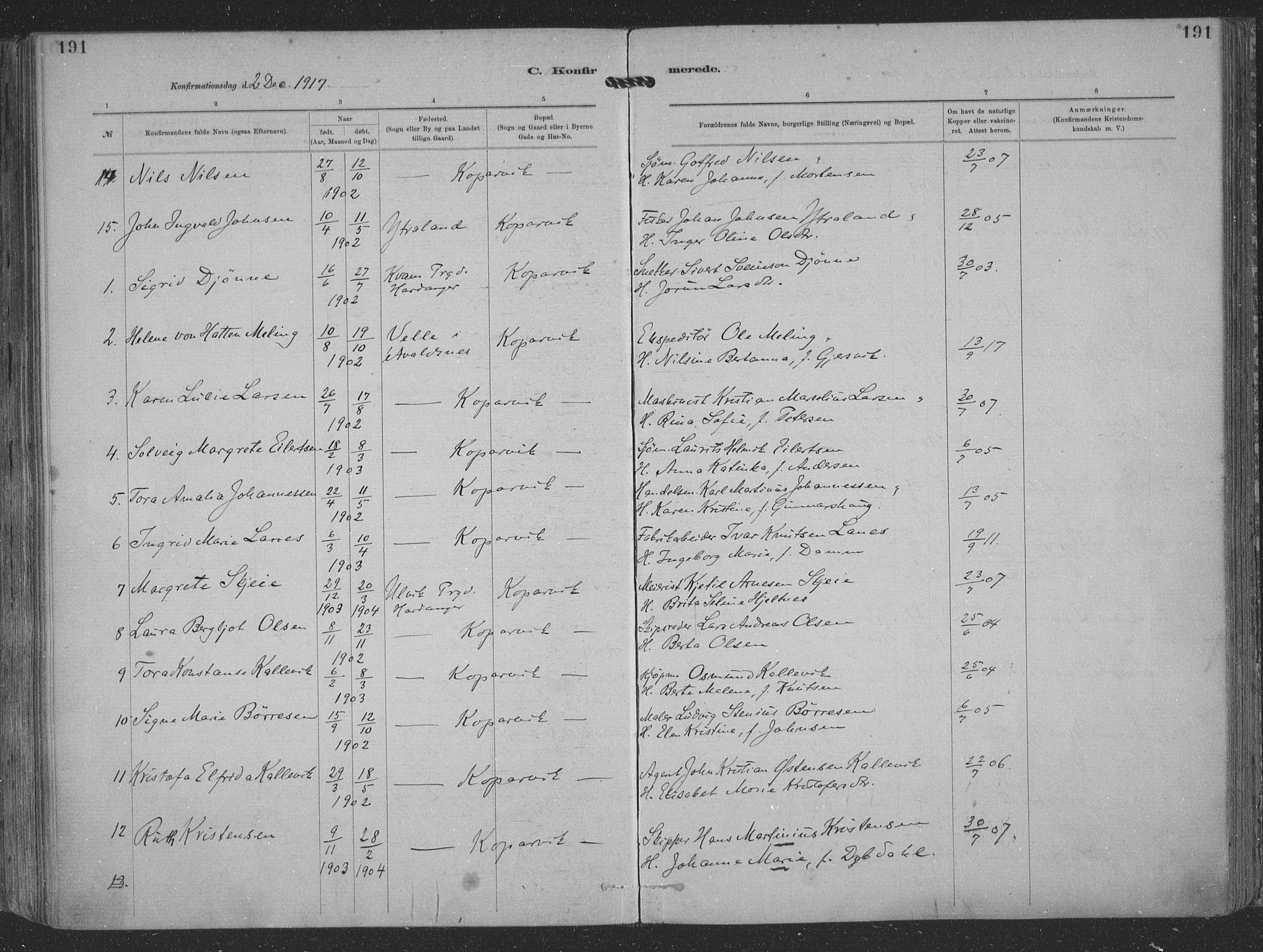 Kopervik sokneprestkontor, AV/SAST-A-101850/H/Ha/Haa/L0001: Parish register (official) no. A 1, 1880-1919, p. 191