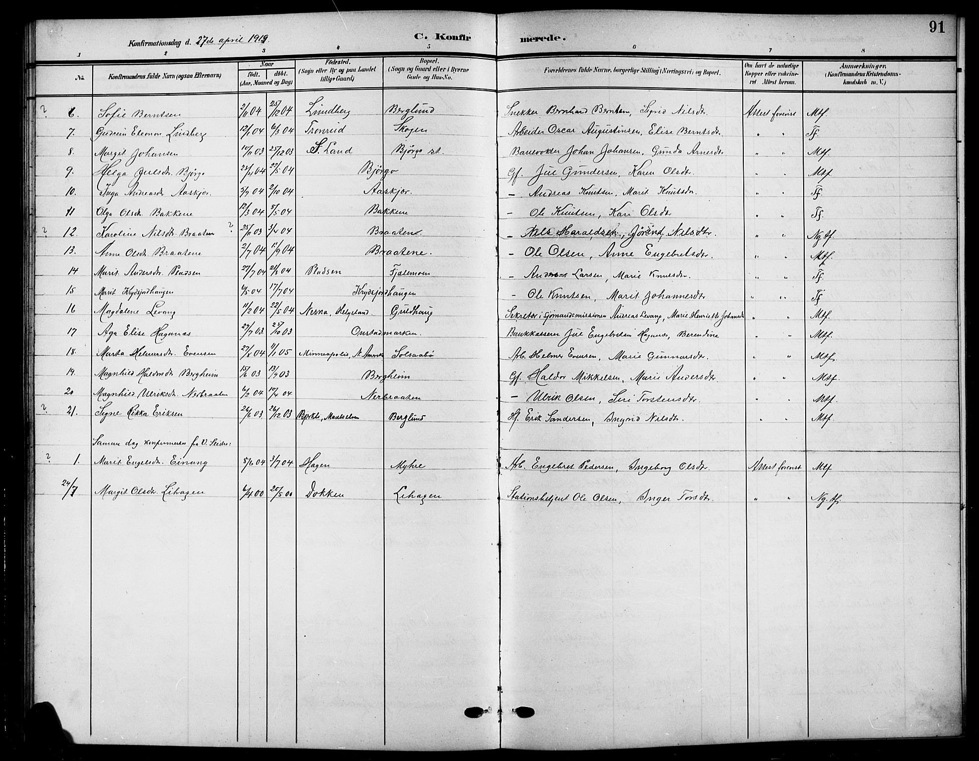 Nord-Aurdal prestekontor, SAH/PREST-132/H/Ha/Hab/L0012: Parish register (copy) no. 12, 1907-1920, p. 91