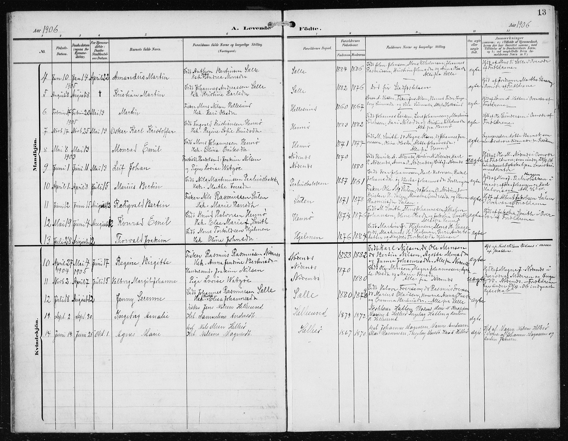 Herdla Sokneprestembete, AV/SAB-A-75701/H/Haa: Parish register (official) no. B 1, 1902-1921, p. 13