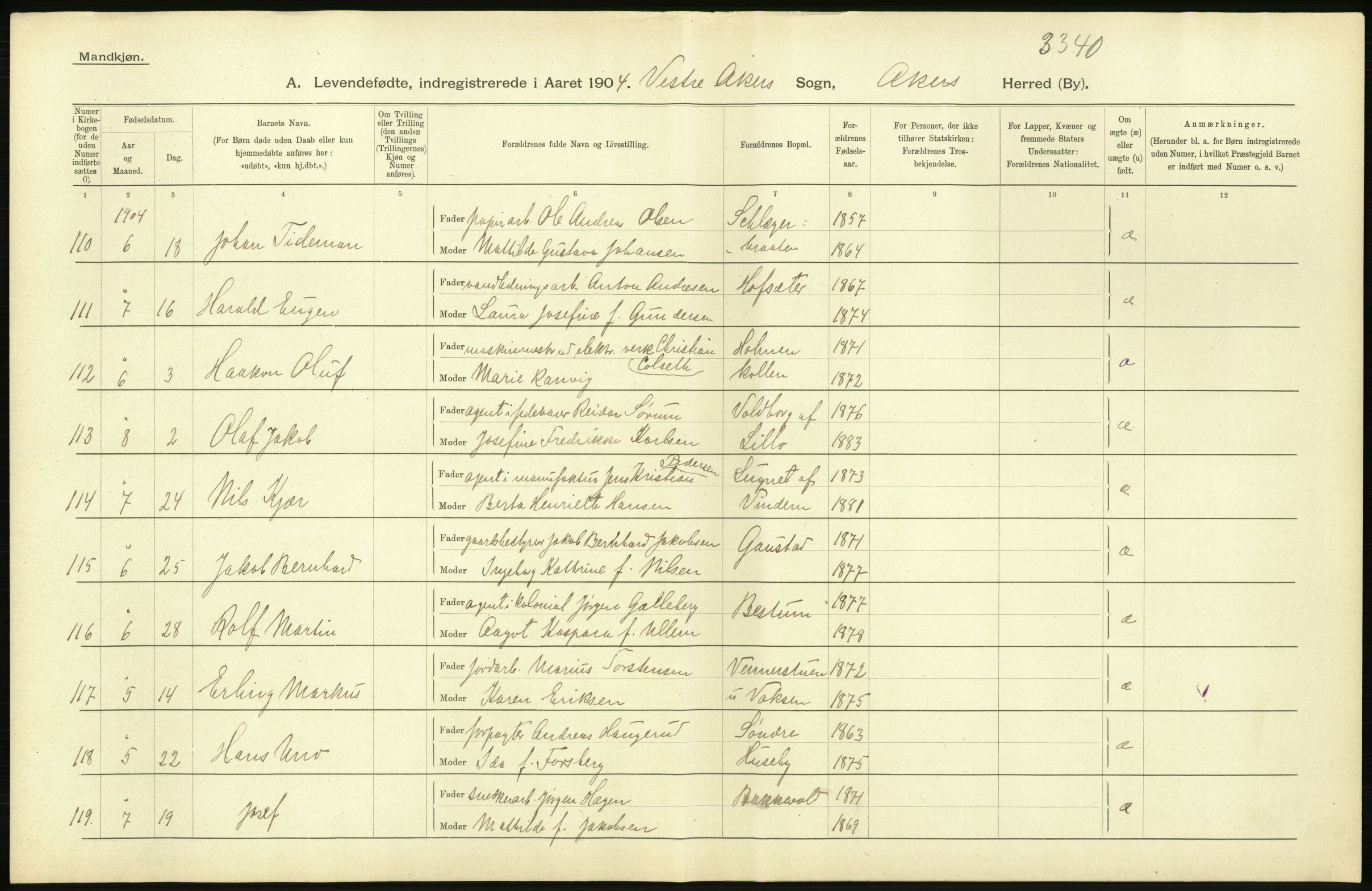 Statistisk sentralbyrå, Sosiodemografiske emner, Befolkning, AV/RA-S-2228/D/Df/Dfa/Dfab/L0002: Akershus amt: Fødte, gifte, døde, 1904, p. 406