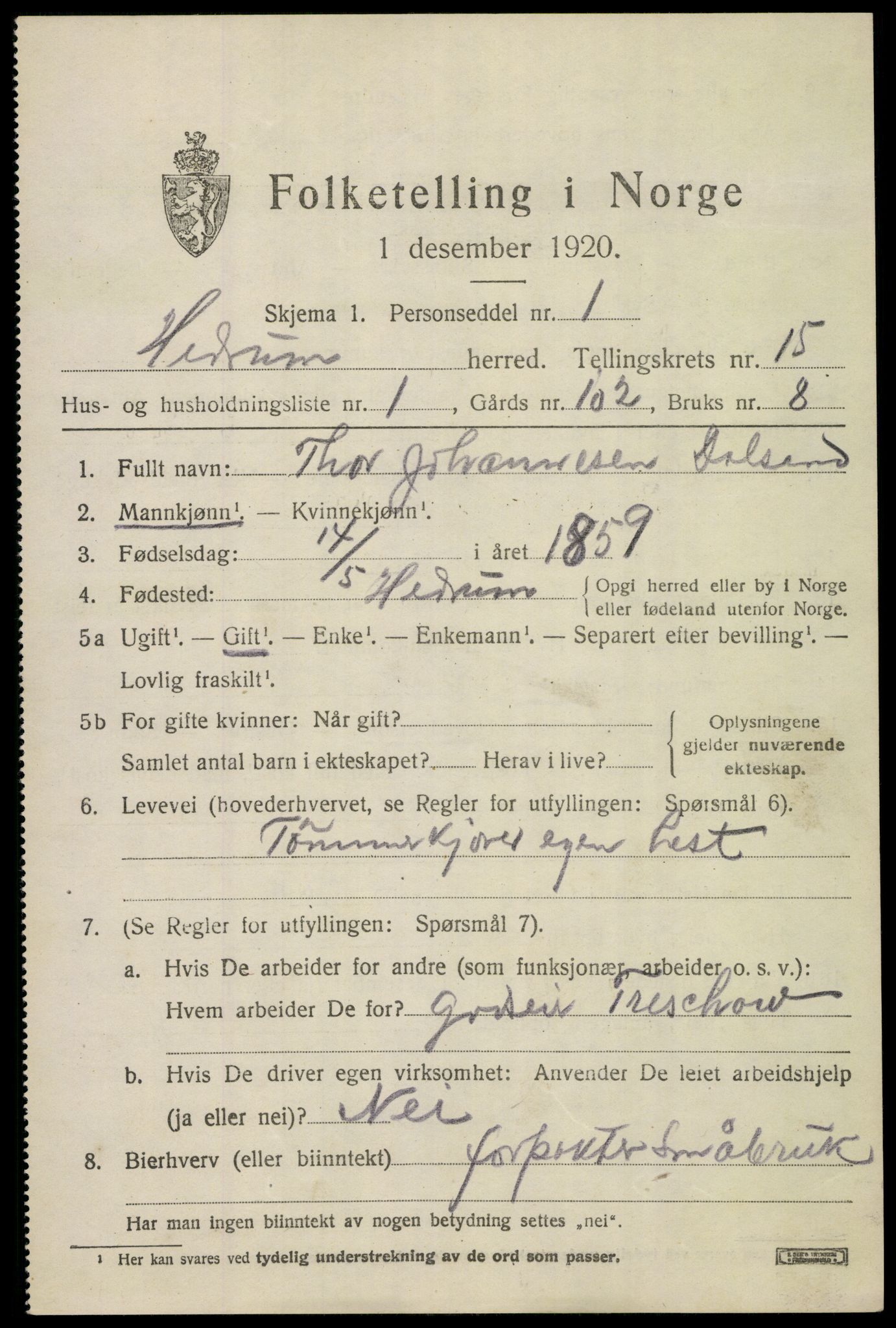 SAKO, 1920 census for Hedrum, 1920, p. 9883