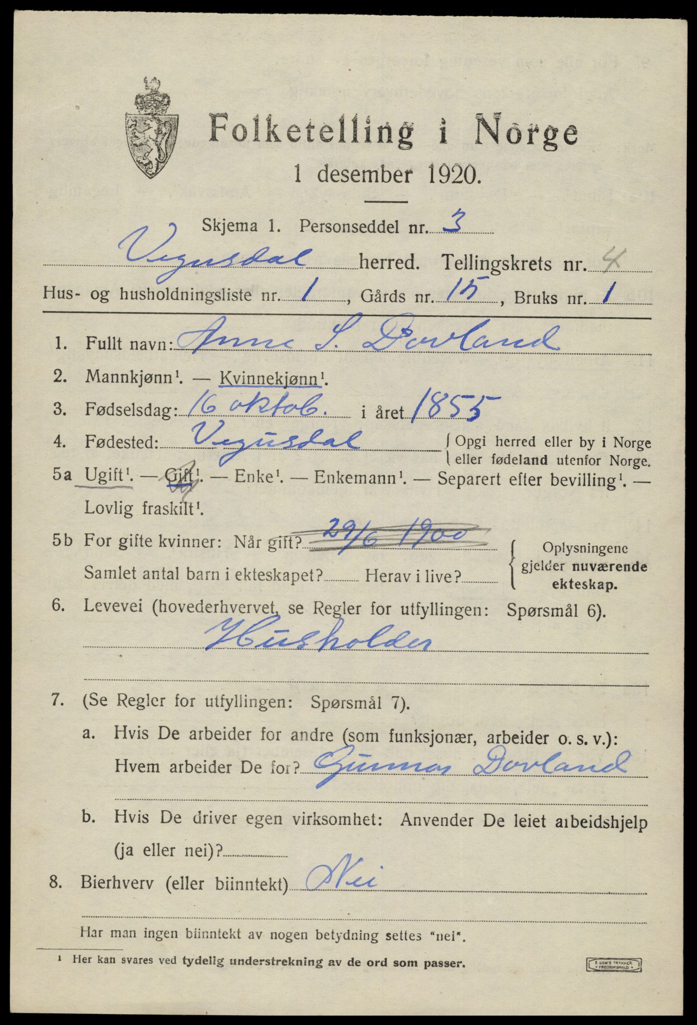SAK, 1920 census for Vegusdal, 1920, p. 1065