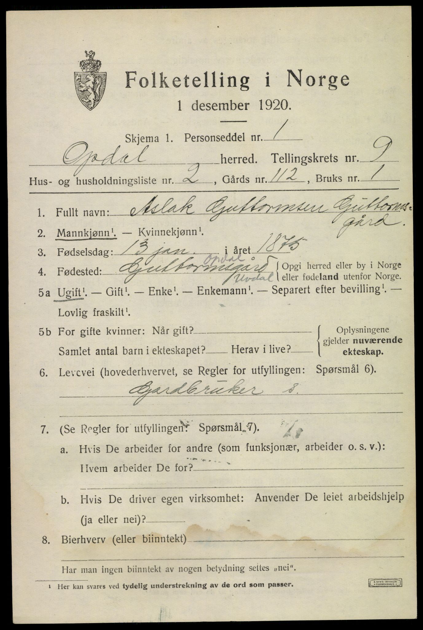 SAKO, 1920 census for Uvdal, 1920, p. 3435