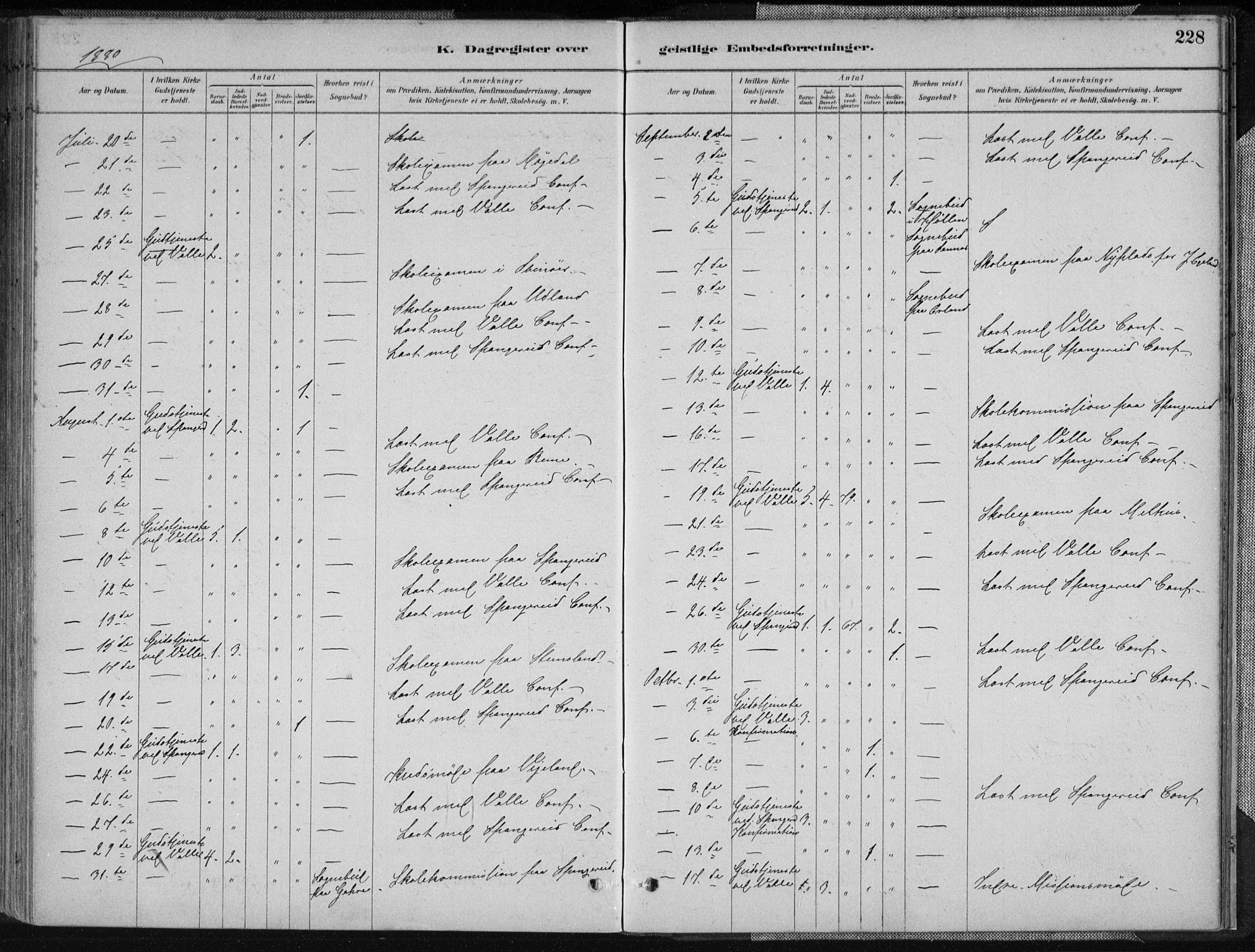 Sør-Audnedal sokneprestkontor, AV/SAK-1111-0039/F/Fa/Fab/L0009: Parish register (official) no. A 9, 1880-1895, p. 228