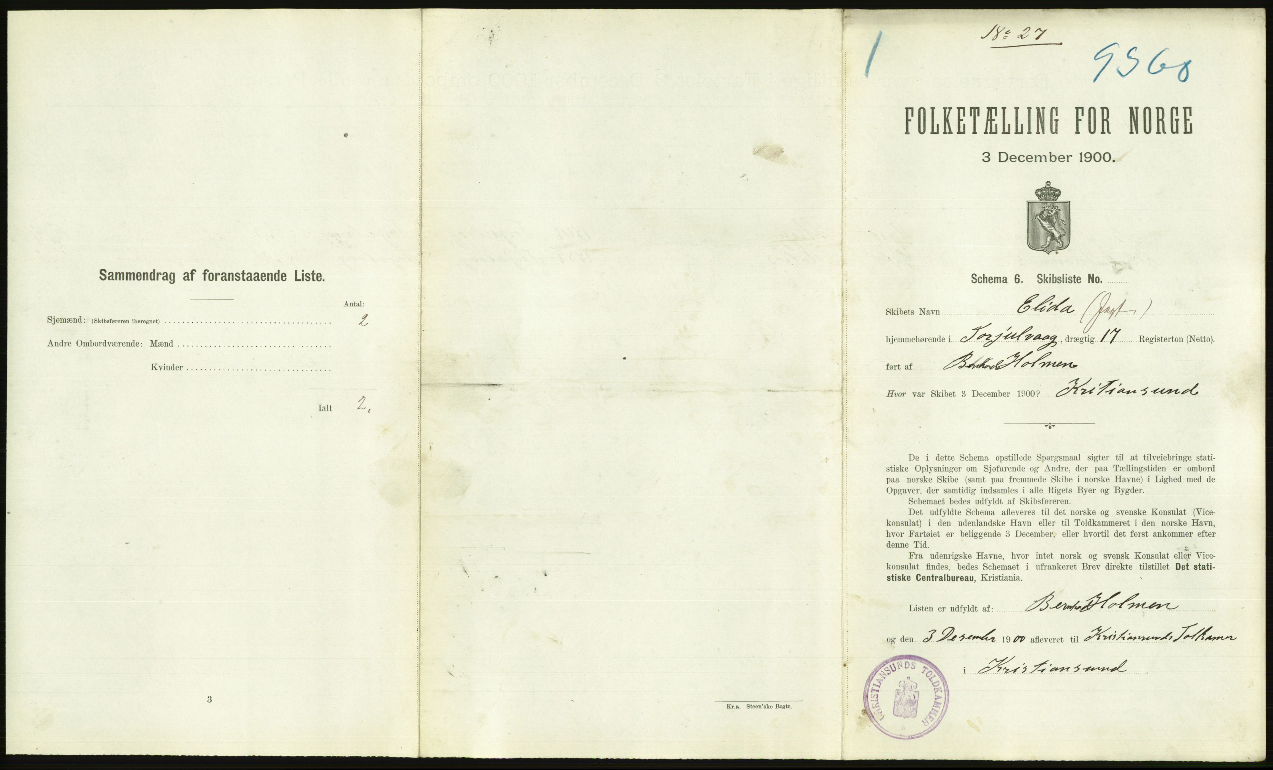 RA, 1900 Census - ship lists from ships in Norwegian harbours, harbours abroad and at sea, 1900, p. 2175