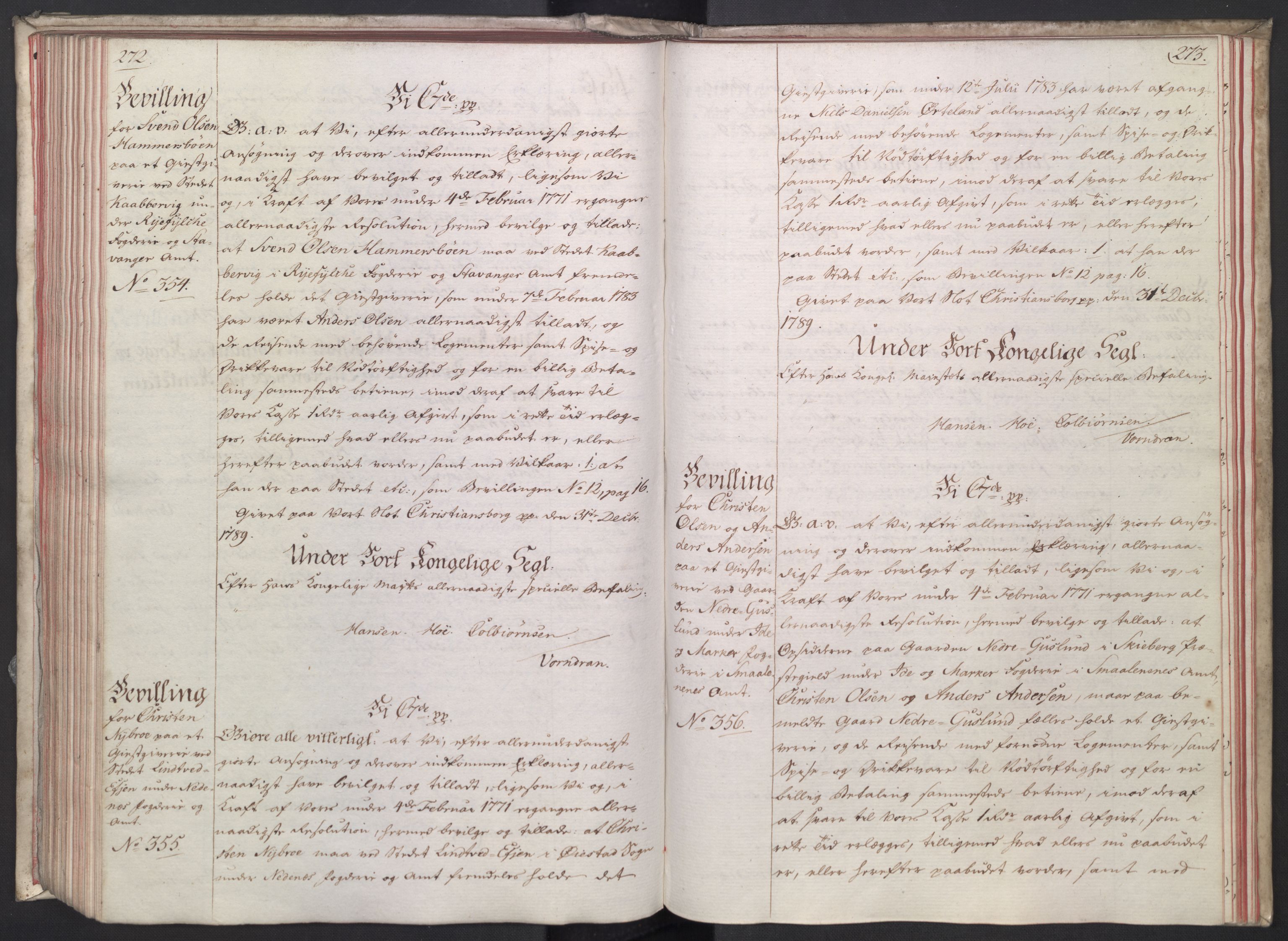 Rentekammeret, Kammerkanselliet, RA/EA-3111/G/Gg/Gga/L0014: Norsk ekspedisjonsprotokoll med register (merket RK 53.14), 1787-1790, p. 272-273