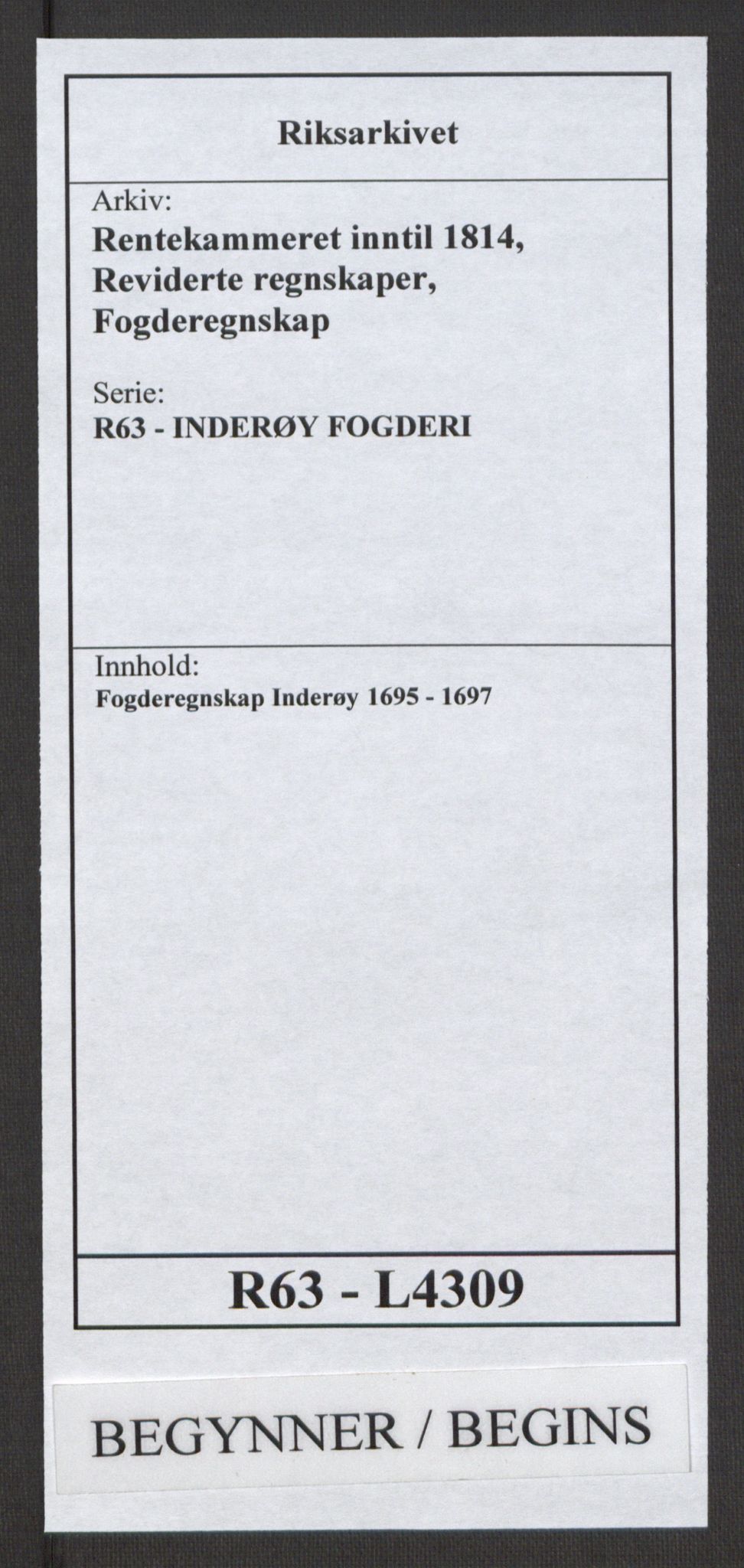Rentekammeret inntil 1814, Reviderte regnskaper, Fogderegnskap, RA/EA-4092/R63/L4309: Fogderegnskap Inderøy, 1695-1697, p. 1