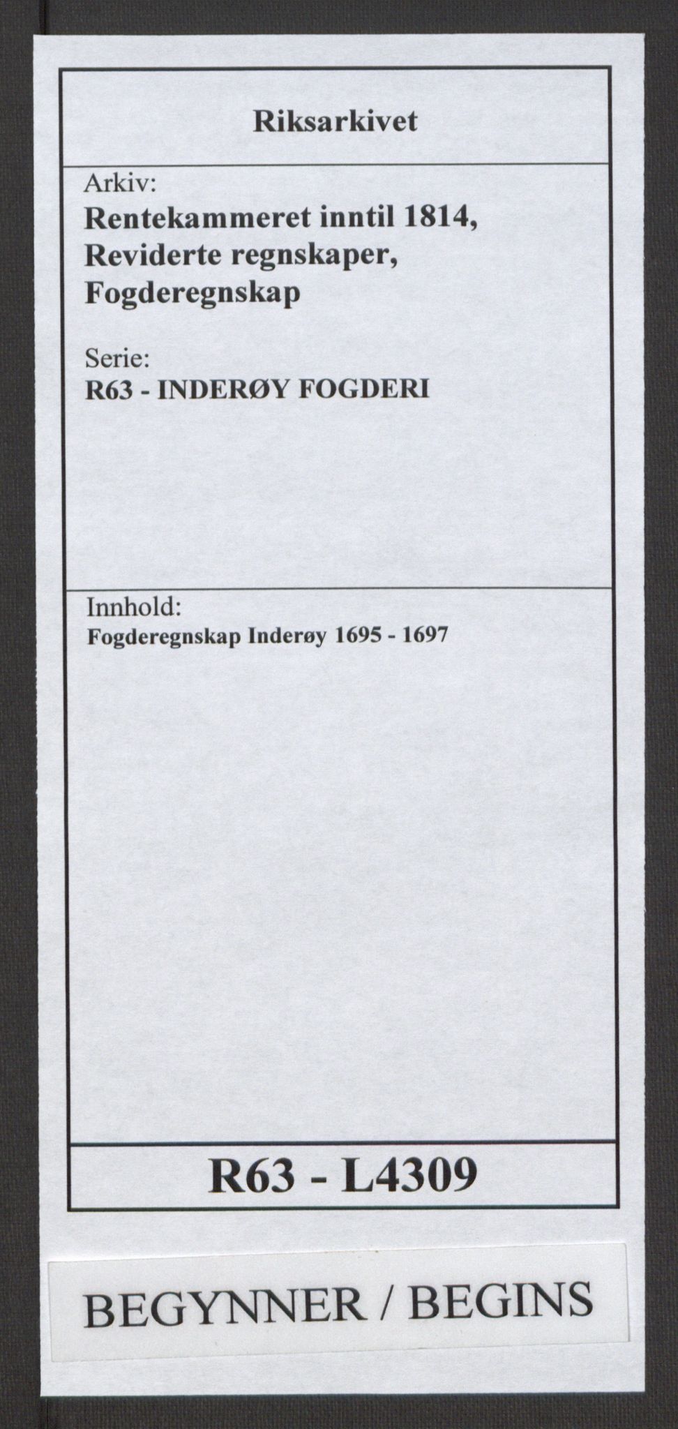 Rentekammeret inntil 1814, Reviderte regnskaper, Fogderegnskap, AV/RA-EA-4092/R63/L4309: Fogderegnskap Inderøy, 1695-1697, p. 1