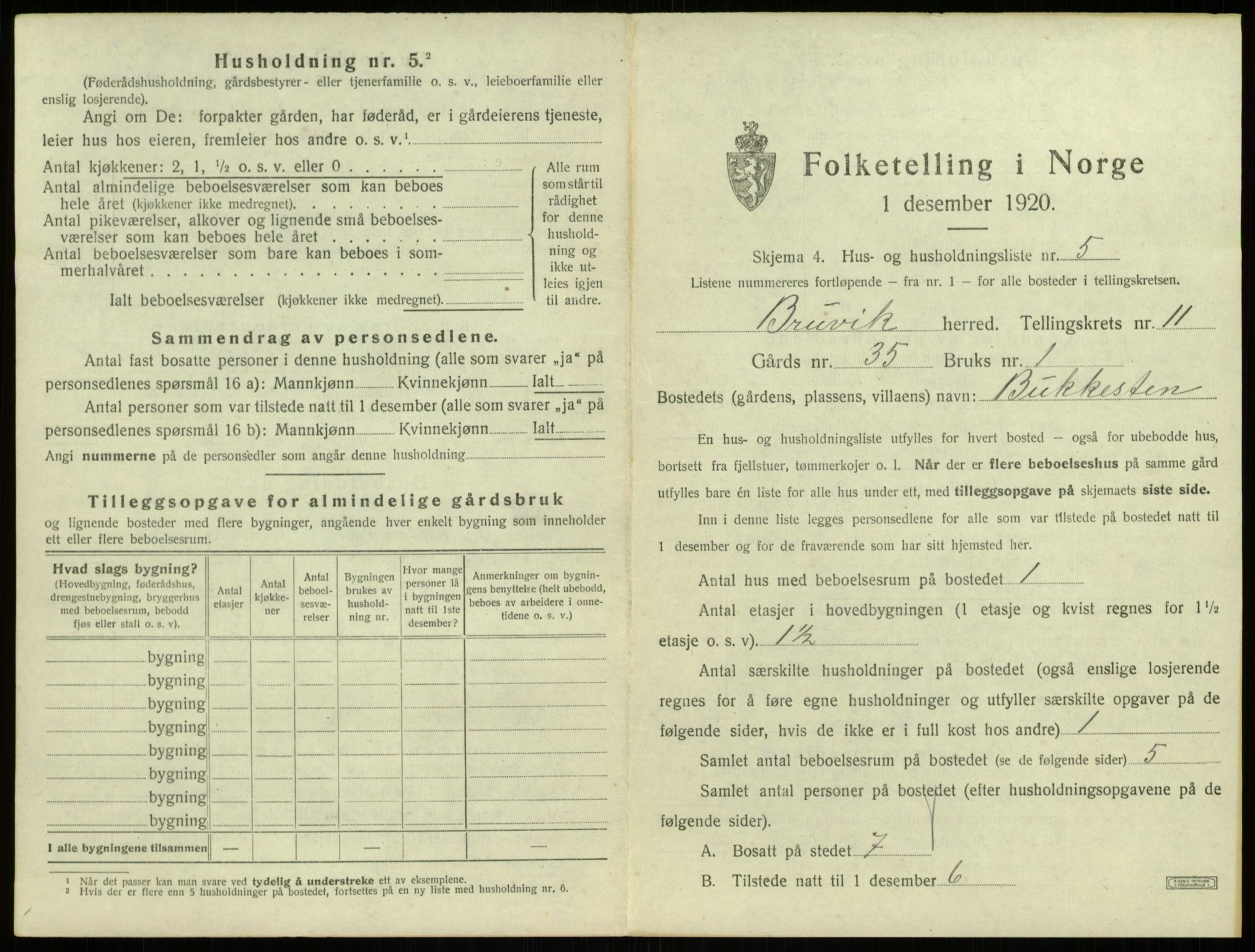 SAB, 1920 census for Bruvik, 1920, p. 831