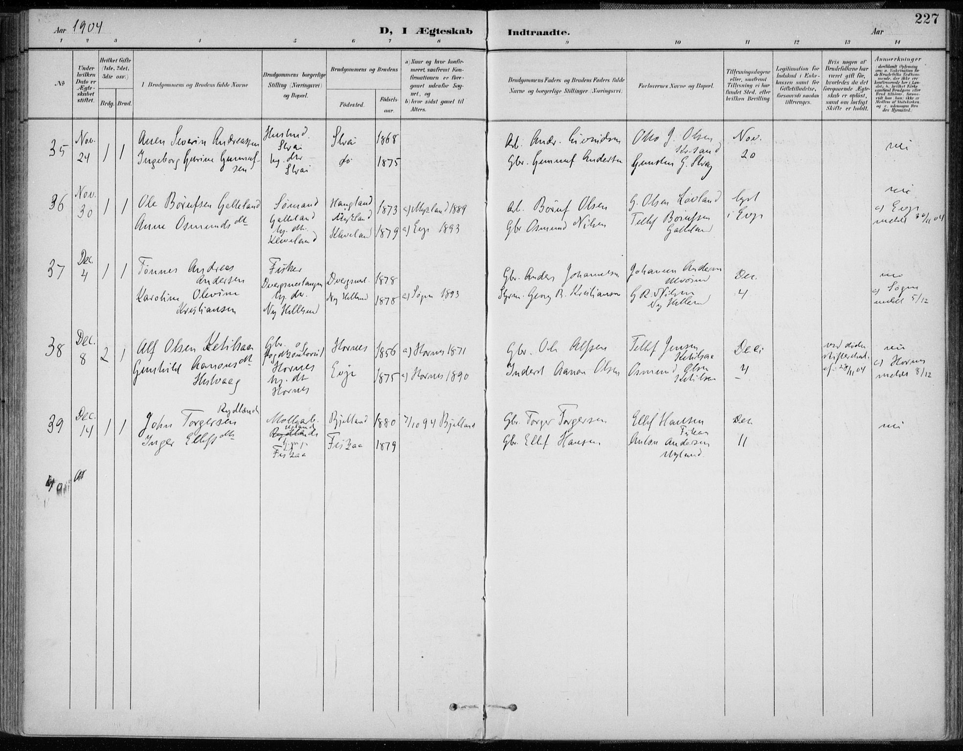 Oddernes sokneprestkontor, AV/SAK-1111-0033/F/Fa/Faa/L0010: Parish register (official) no. A 10, 1897-1911, p. 227