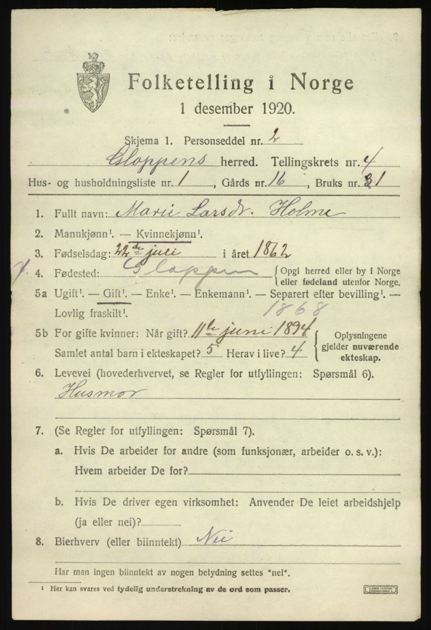 SAB, 1920 census for Gloppen, 1920, p. 2766