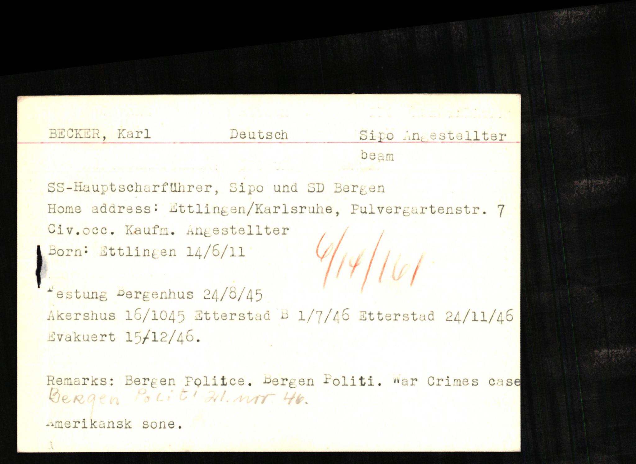 Forsvaret, Forsvarets overkommando II, AV/RA-RAFA-3915/D/Db/L0002: CI Questionaires. Tyske okkupasjonsstyrker i Norge. Tyskere., 1945-1946, p. 335