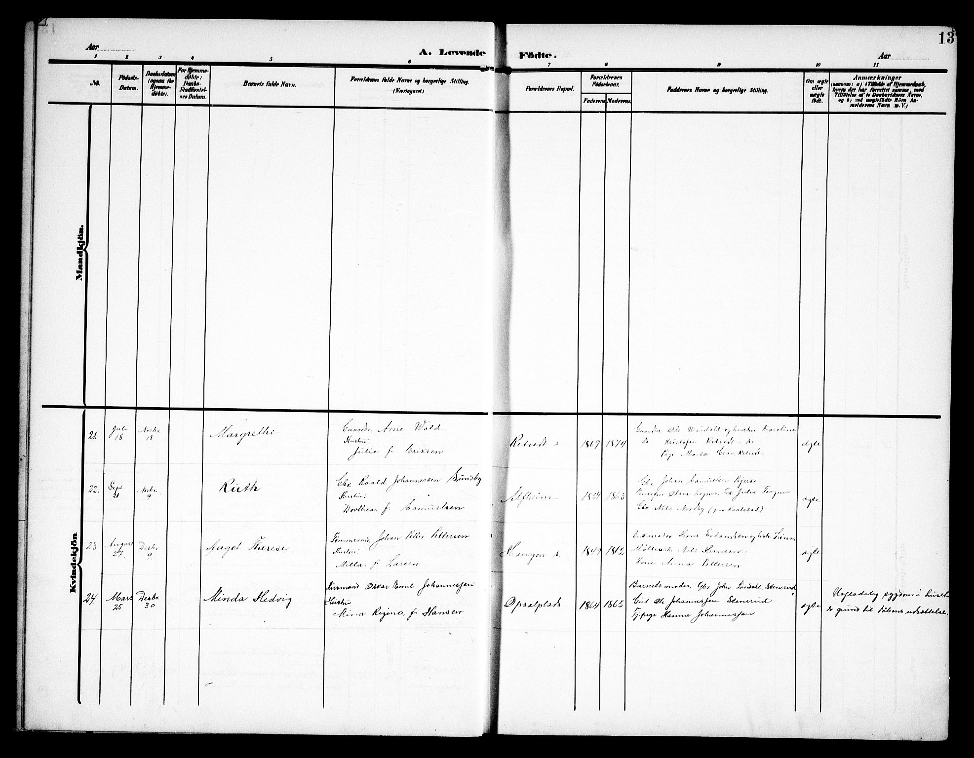 Kråkstad prestekontor Kirkebøker, AV/SAO-A-10125a/G/Ga/L0002: Parish register (copy) no. I 2, 1905-1934, p. 13