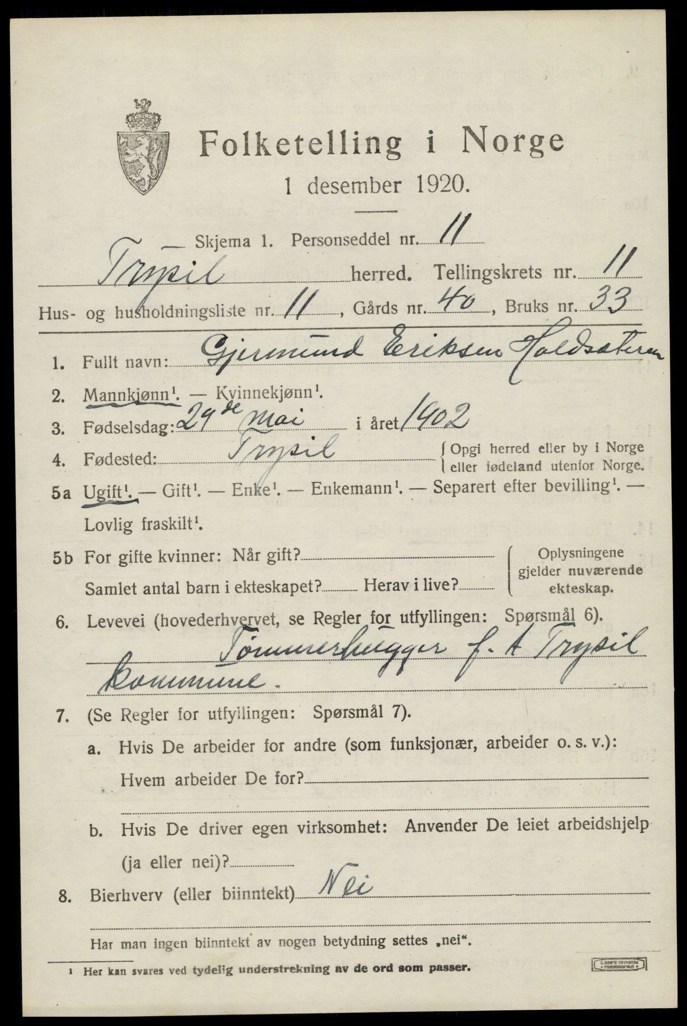 SAH, 1920 census for Trysil, 1920, p. 7095