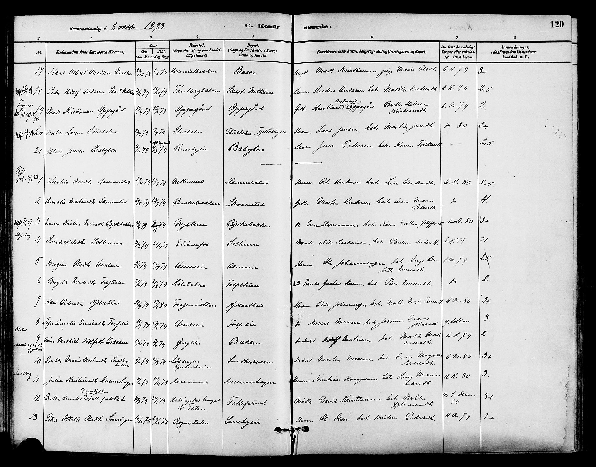 Østre Toten prestekontor, SAH/PREST-104/H/Ha/Haa/L0007: Parish register (official) no. 7, 1881-1896, p. 129