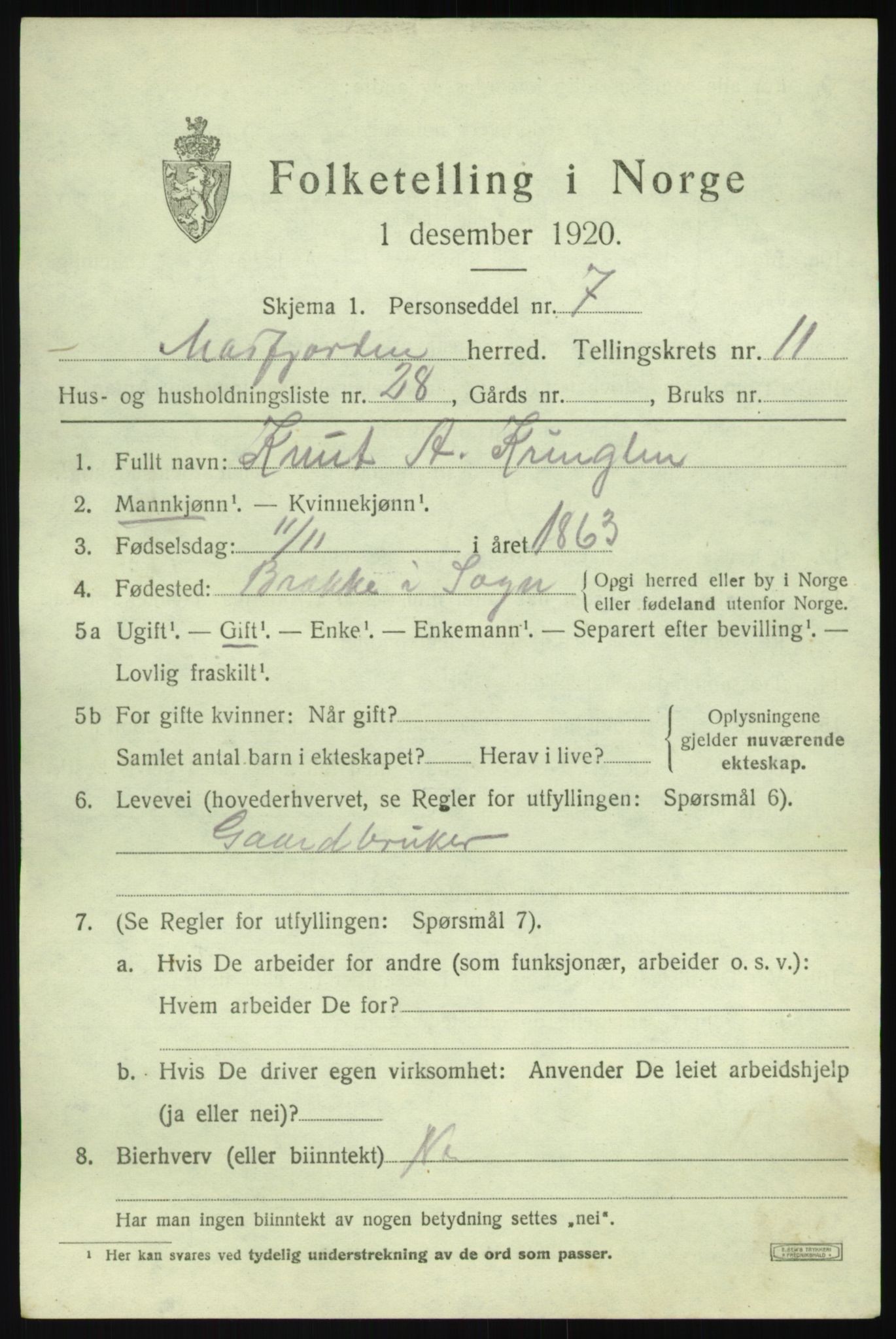 SAB, 1920 census for Masfjorden, 1920, p. 4461