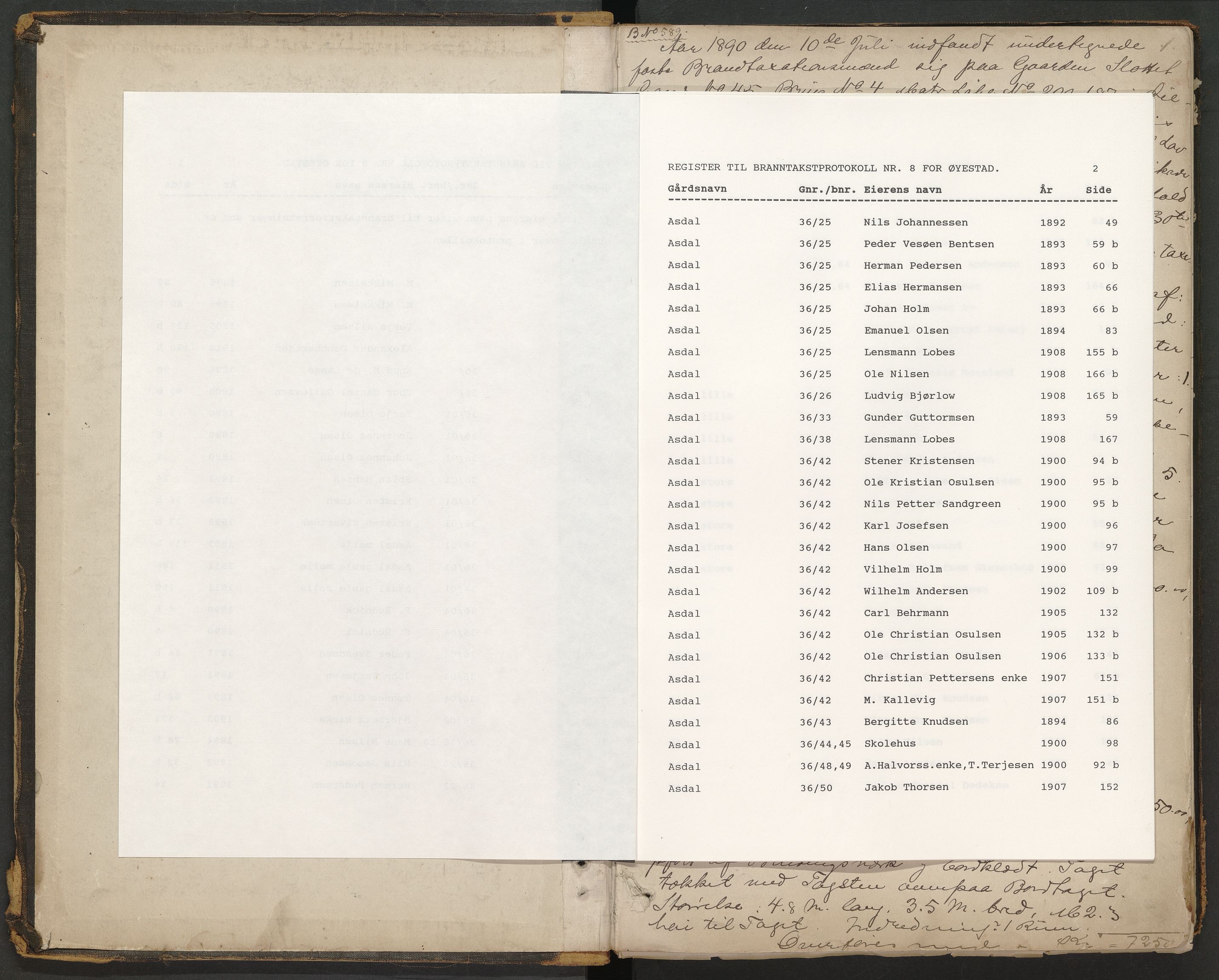 Norges Brannkasse Øyestad, AV/SAK-2241-0059/F/Fa/L0008: Branntakstprotokoll nr. 8 med gårdsnavnregister, 1890-1912