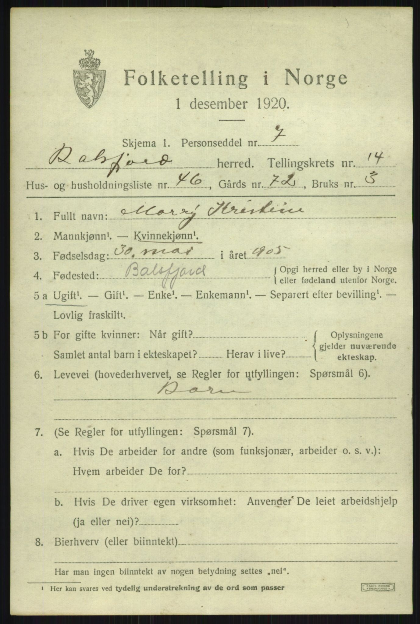 SATØ, 1920 census for Balsfjord, 1920, p. 8711