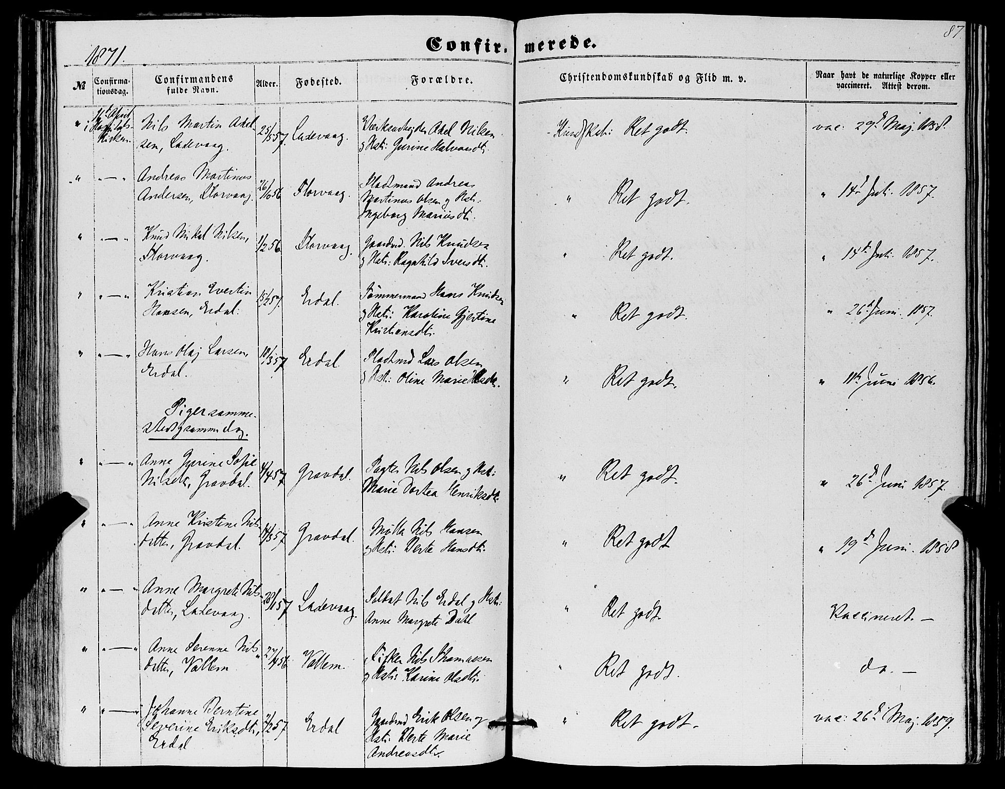 Askøy Sokneprestembete, SAB/A-74101/H/Ha/Haa/Haaa/L0012: Parish register (official) no. A 12, 1855-1877, p. 87