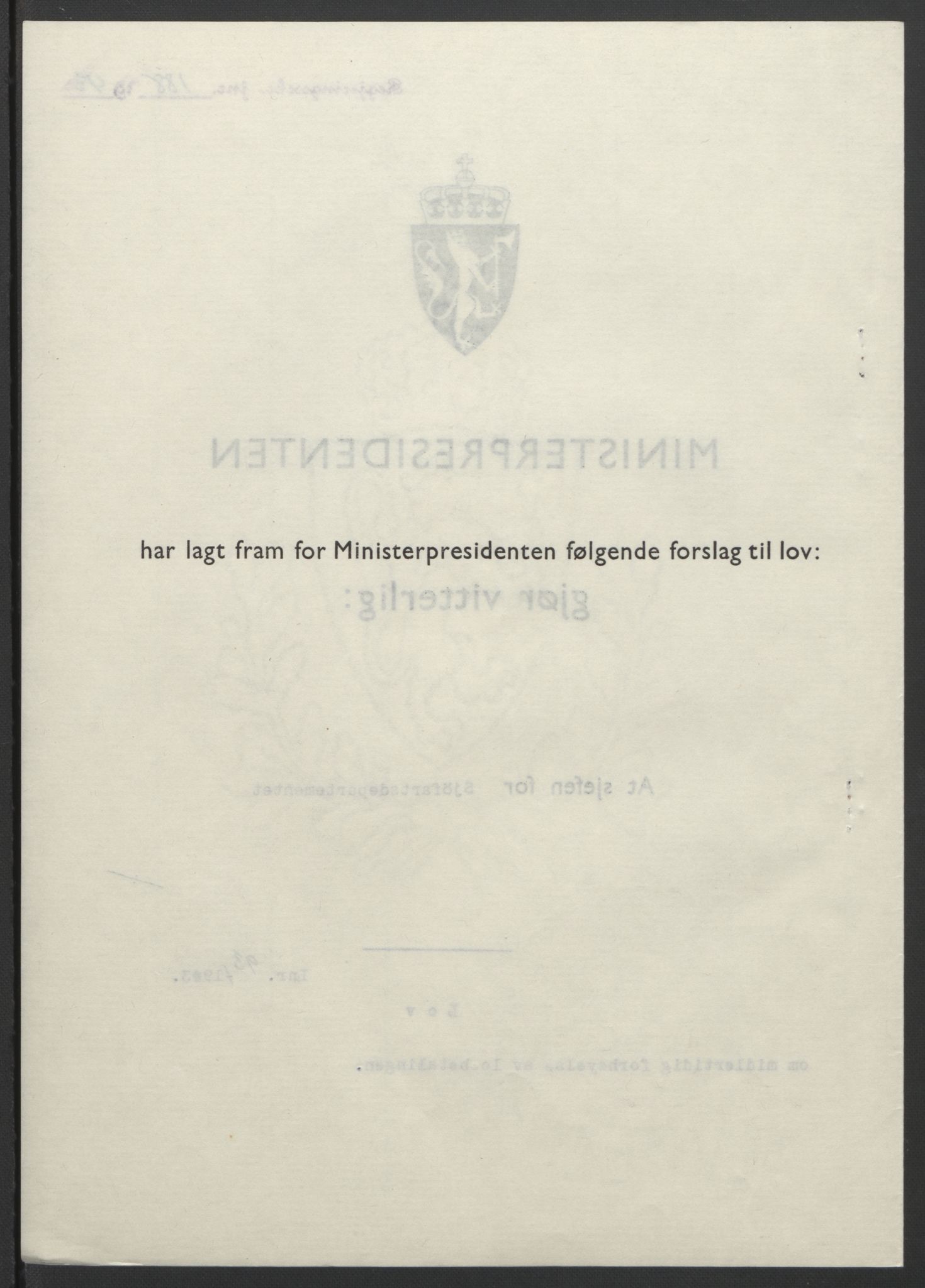 NS-administrasjonen 1940-1945 (Statsrådsekretariatet, de kommisariske statsråder mm), RA/S-4279/D/Db/L0099: Lover, 1943, p. 422