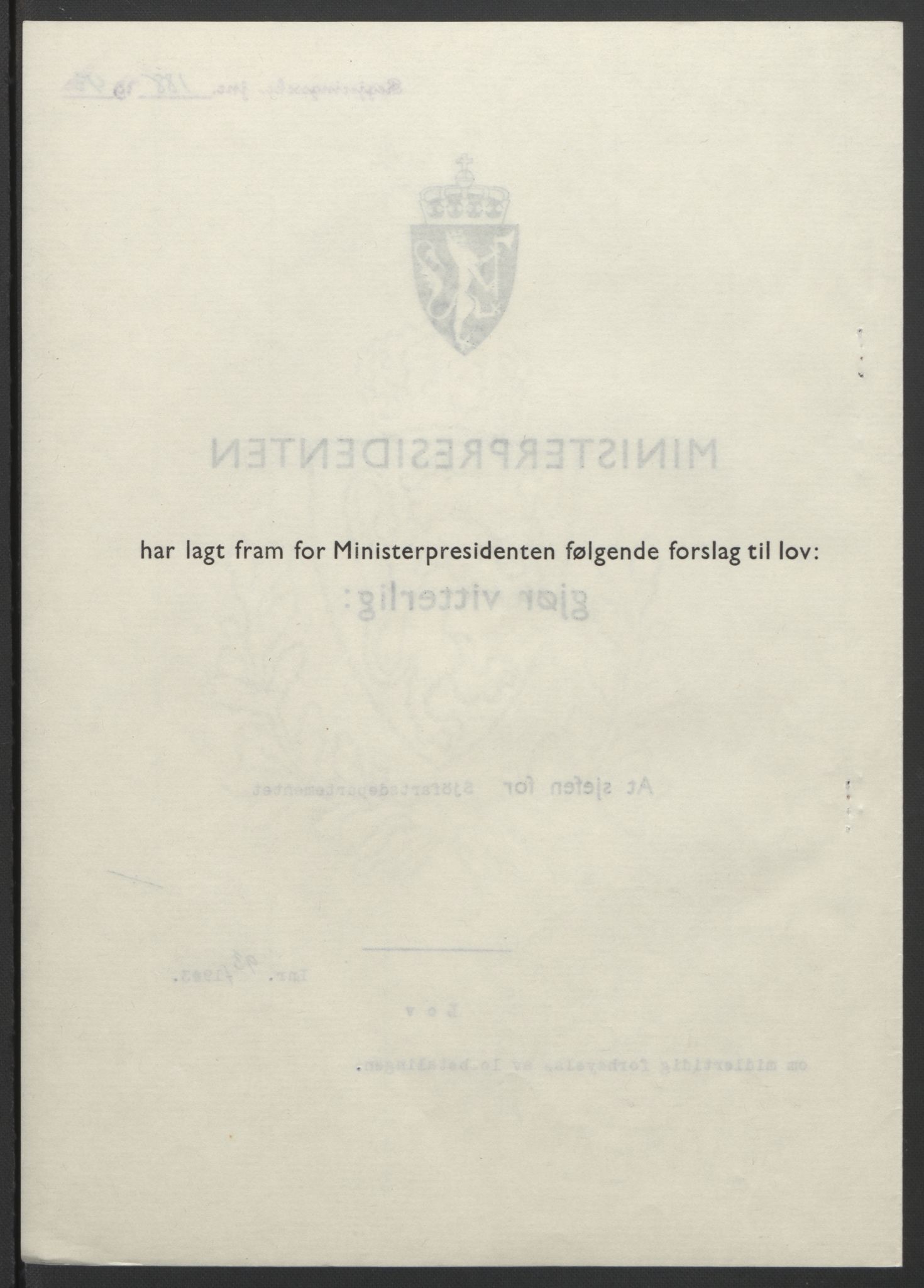 NS-administrasjonen 1940-1945 (Statsrådsekretariatet, de kommisariske statsråder mm), AV/RA-S-4279/D/Db/L0099: Lover, 1943, p. 422