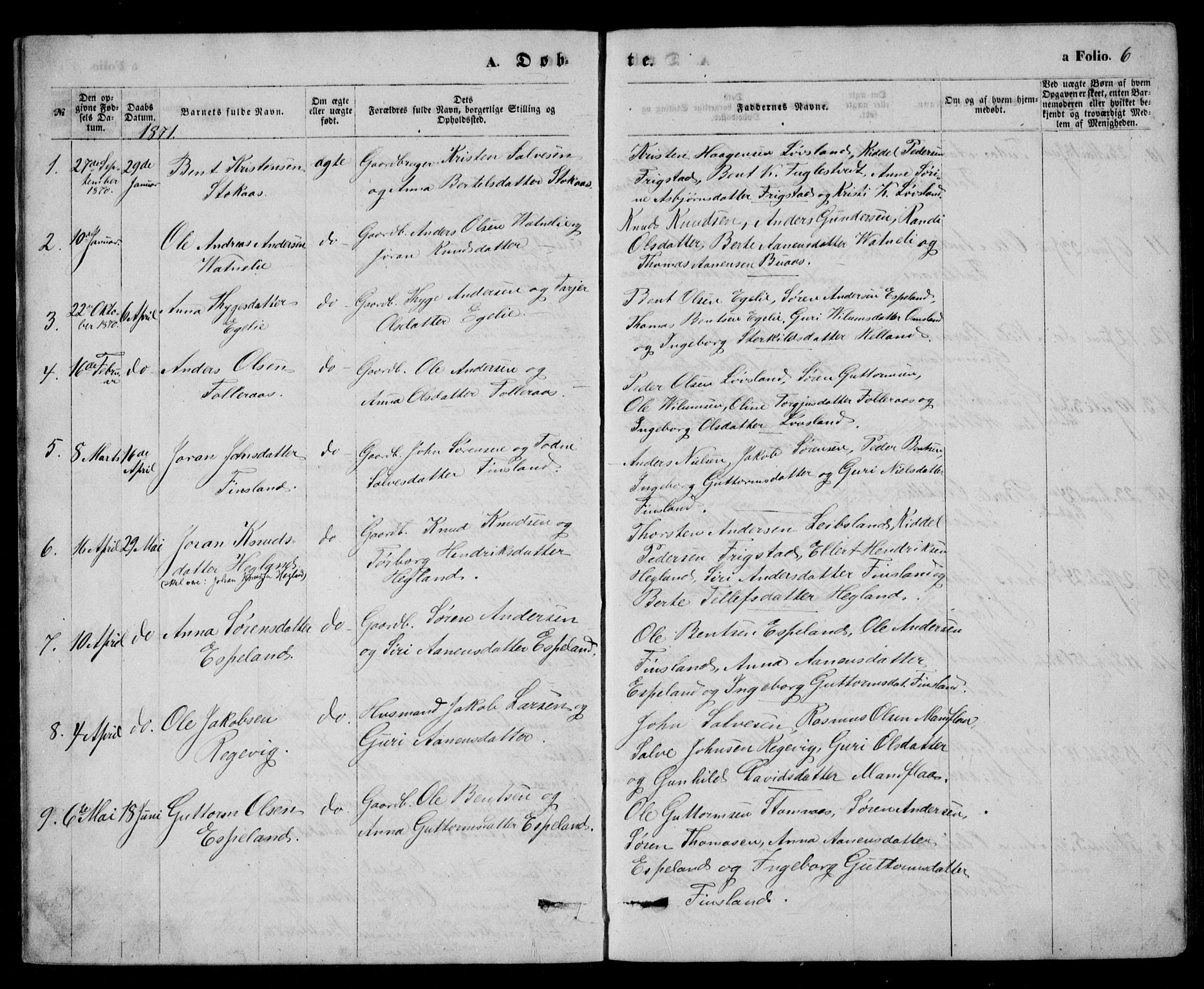 Bjelland sokneprestkontor, AV/SAK-1111-0005/F/Fb/Fbb/L0004: Parish register (copy) no. B 4, 1867-1887, p. 6