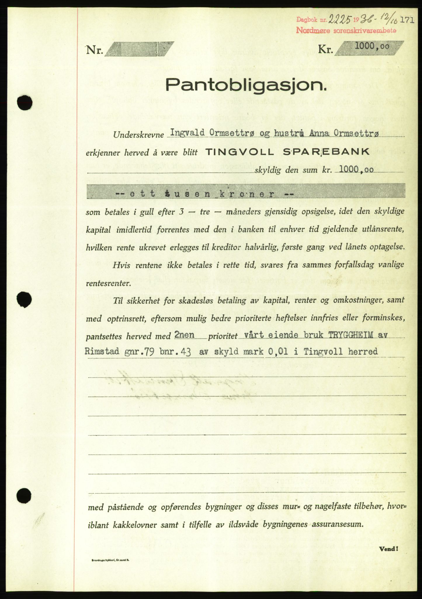 Nordmøre sorenskriveri, AV/SAT-A-4132/1/2/2Ca/L0090: Mortgage book no. B80, 1936-1937, Diary no: : 2225/1936