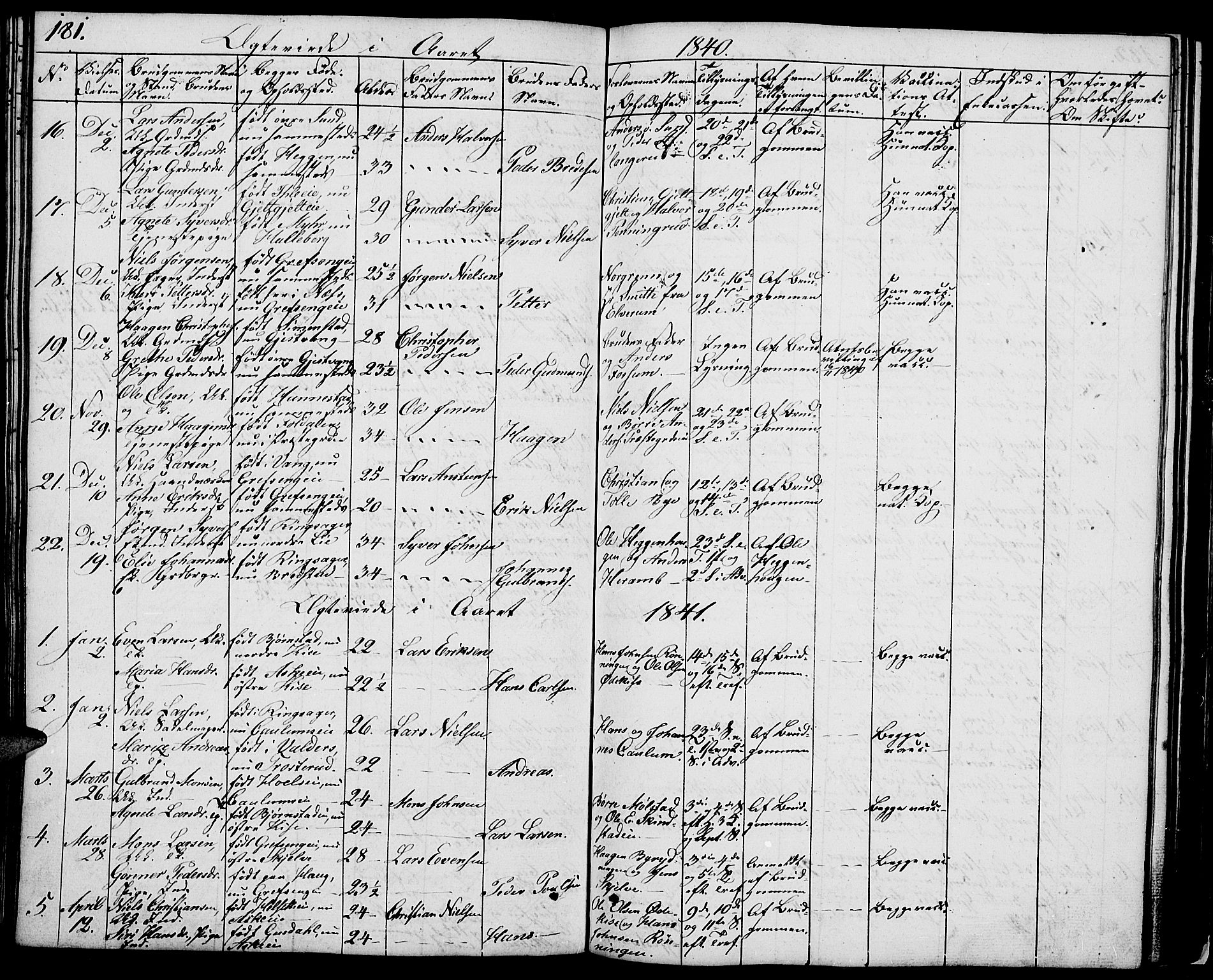 Nes prestekontor, Hedmark, SAH/PREST-020/L/La/L0004: Parish register (copy) no. 4, 1832-1861, p. 181