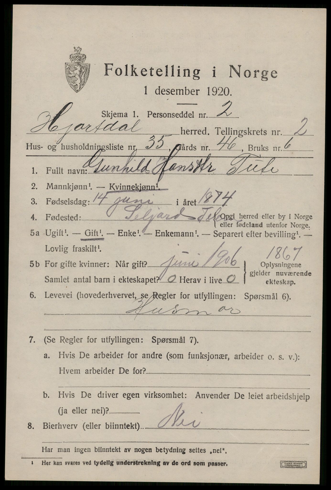 SAKO, 1920 census for Hjartdal, 1920, p. 2196