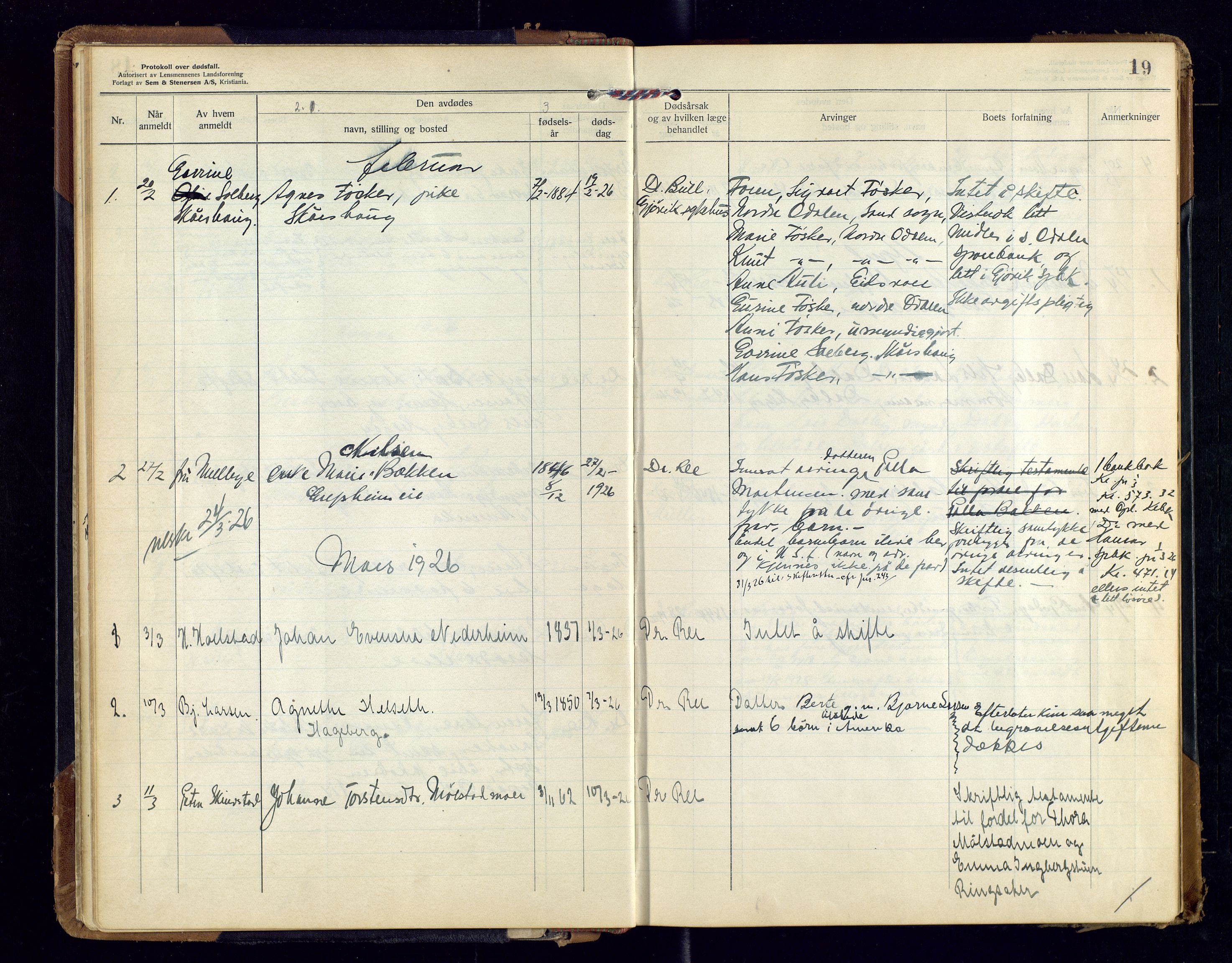 Nes, Hedmark, lensmannskontor, AV/SAH-LHB-008/H/Ha/L0001: Dødsfallsprotokoll, 1923-1948, p. 19
