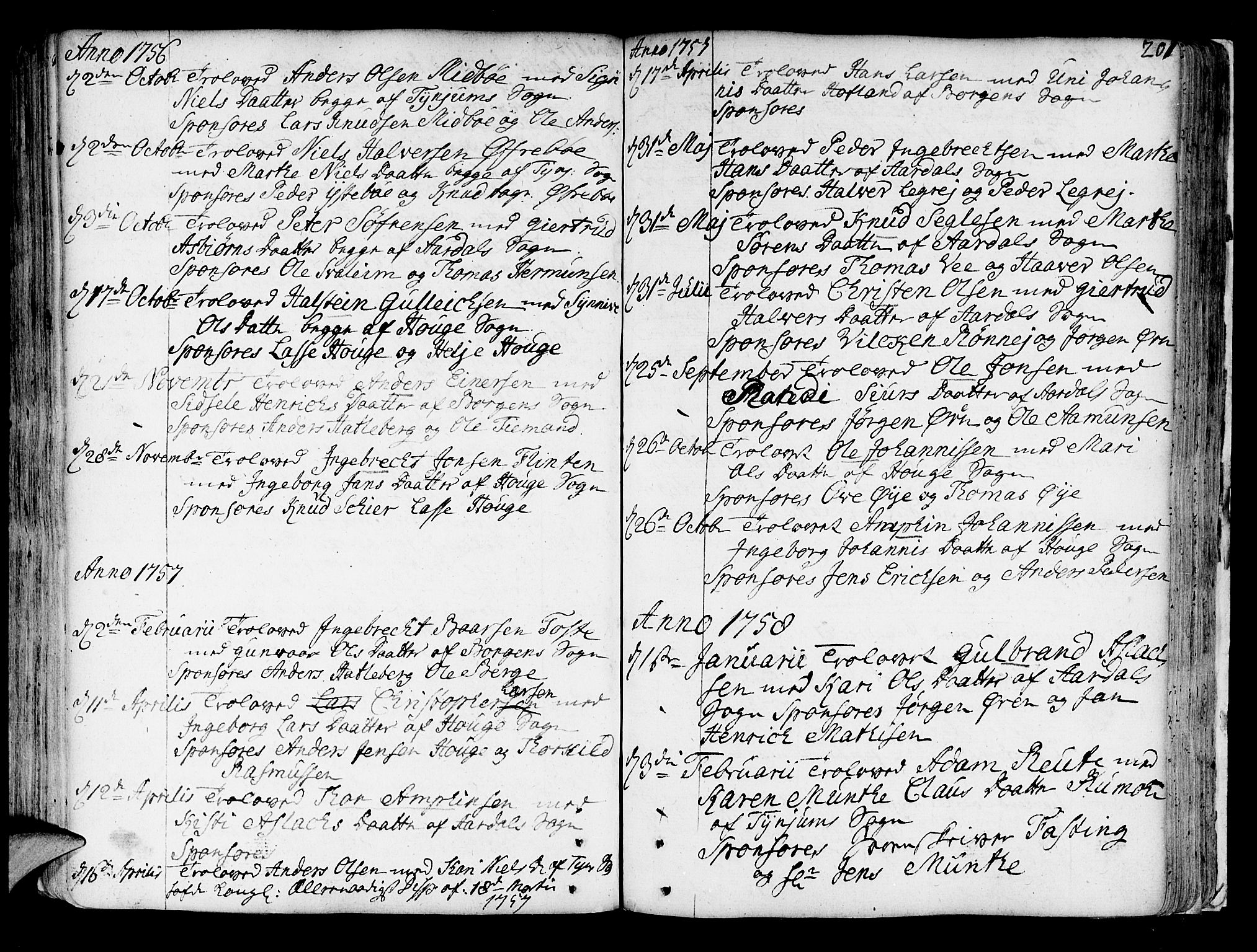 Lærdal sokneprestembete, SAB/A-81201: Parish register (official) no. A 2, 1752-1782, p. 201