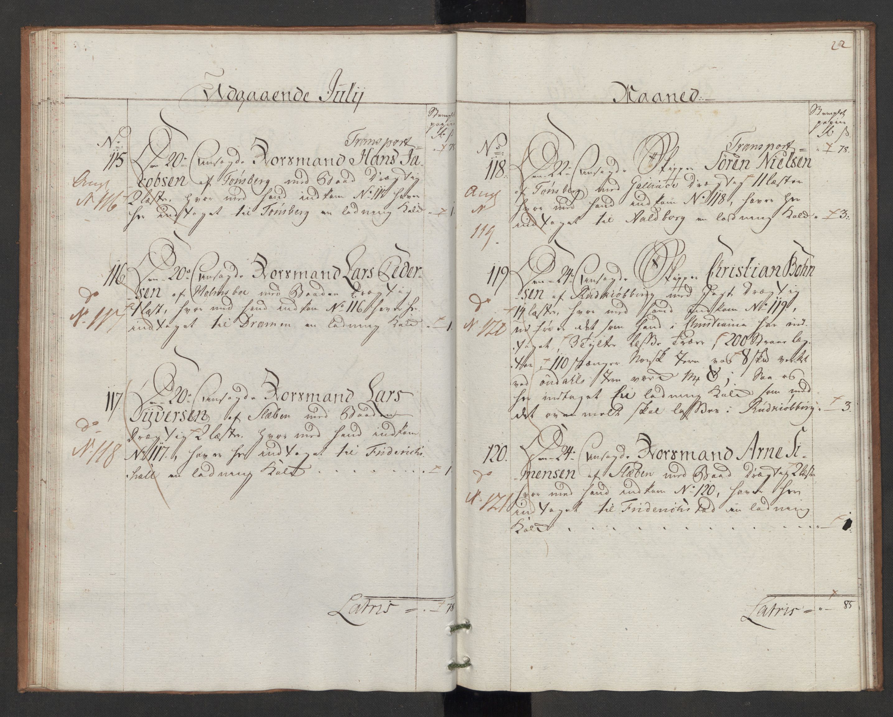 Generaltollkammeret, tollregnskaper, AV/RA-EA-5490/R06/L0166/0002: Tollregnskaper Kristiania / Utgående hovedtollbok Slependen, 1786, p. 21b-22a