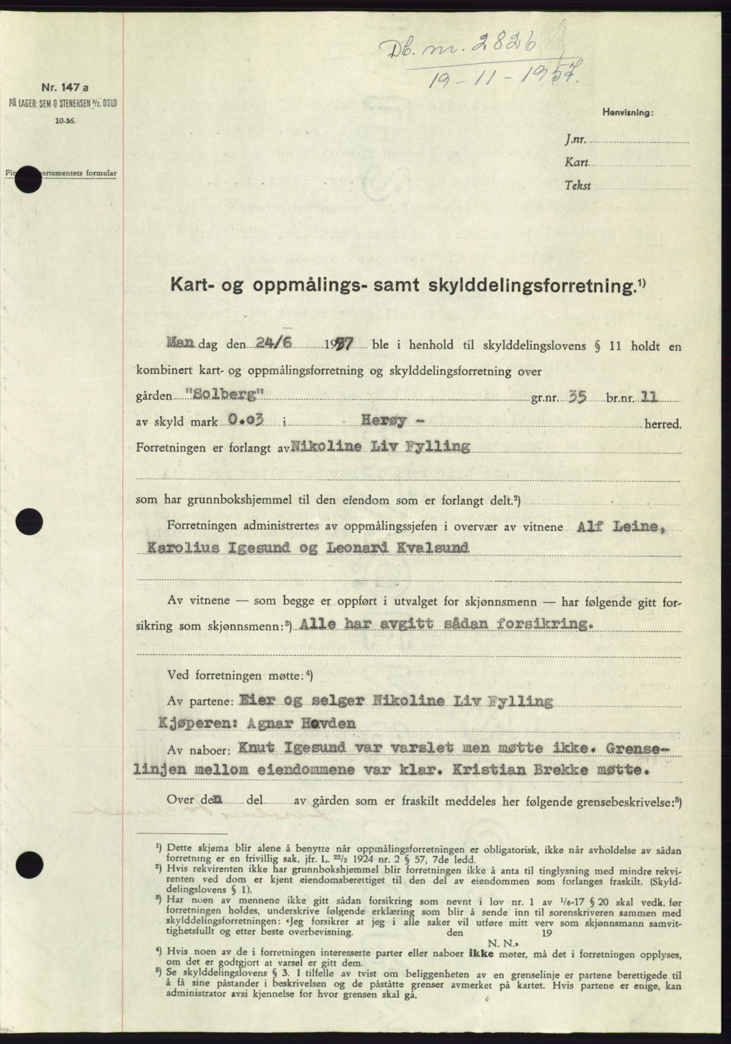 Søre Sunnmøre sorenskriveri, AV/SAT-A-4122/1/2/2C/L0108: Mortgage book no. 34A, 1957-1958, Diary no: : 2826/1957