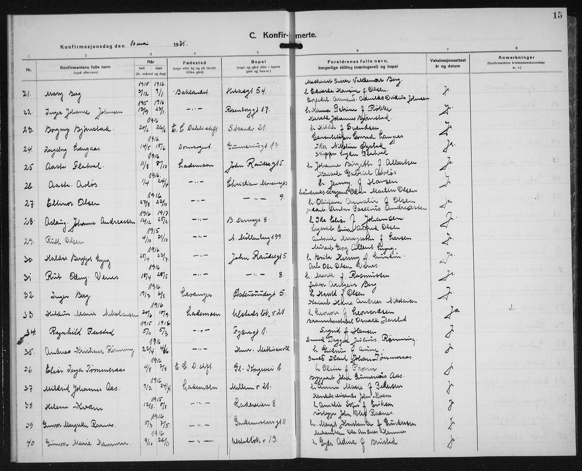 Ministerialprotokoller, klokkerbøker og fødselsregistre - Sør-Trøndelag, AV/SAT-A-1456/605/L0262: Parish register (copy) no. 605C09, 1930-1933, p. 15