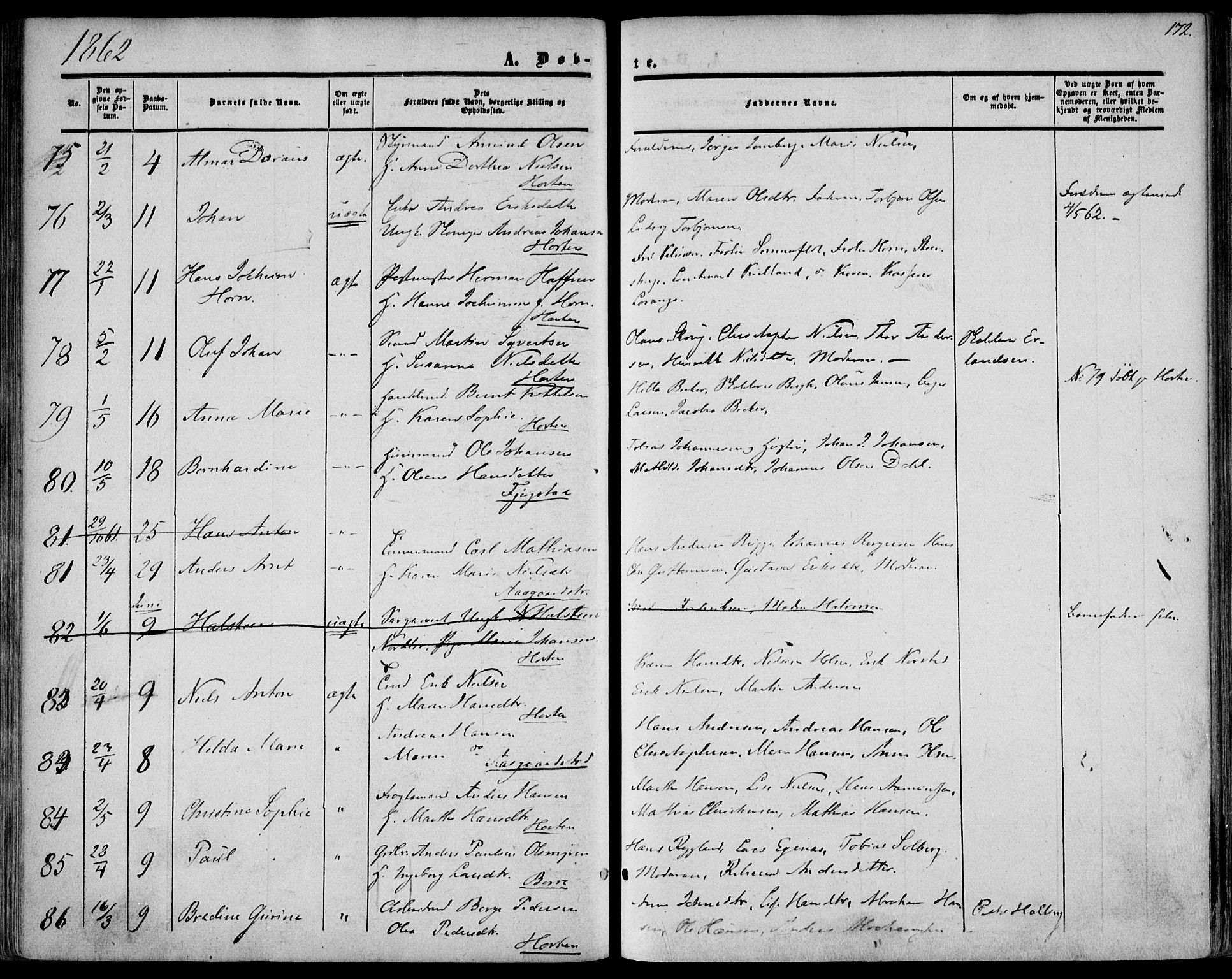 Borre kirkebøker, SAKO/A-338/F/Fa/L0006: Parish register (official) no. I 6, 1852-1862, p. 172