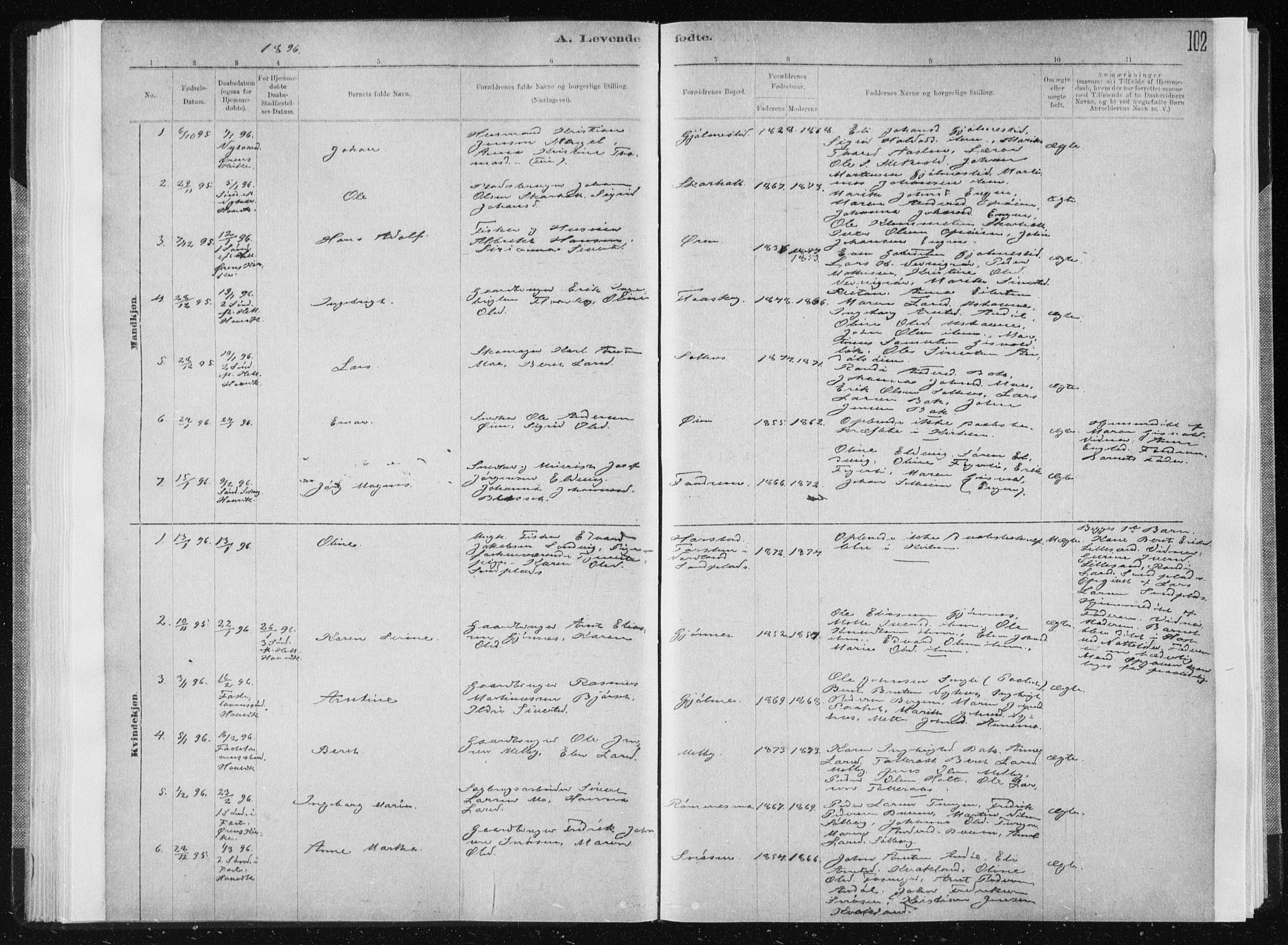 Ministerialprotokoller, klokkerbøker og fødselsregistre - Sør-Trøndelag, SAT/A-1456/668/L0818: Parish register (copy) no. 668C07, 1885-1898, p. 102