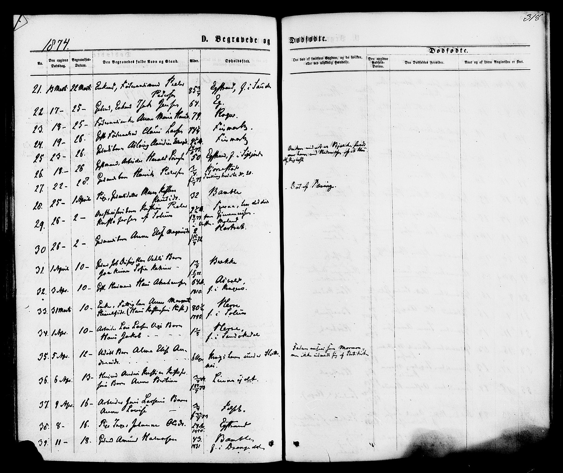 Bamble kirkebøker, SAKO/A-253/F/Fa/L0006: Parish register (official) no. I 6, 1869-1877, p. 318