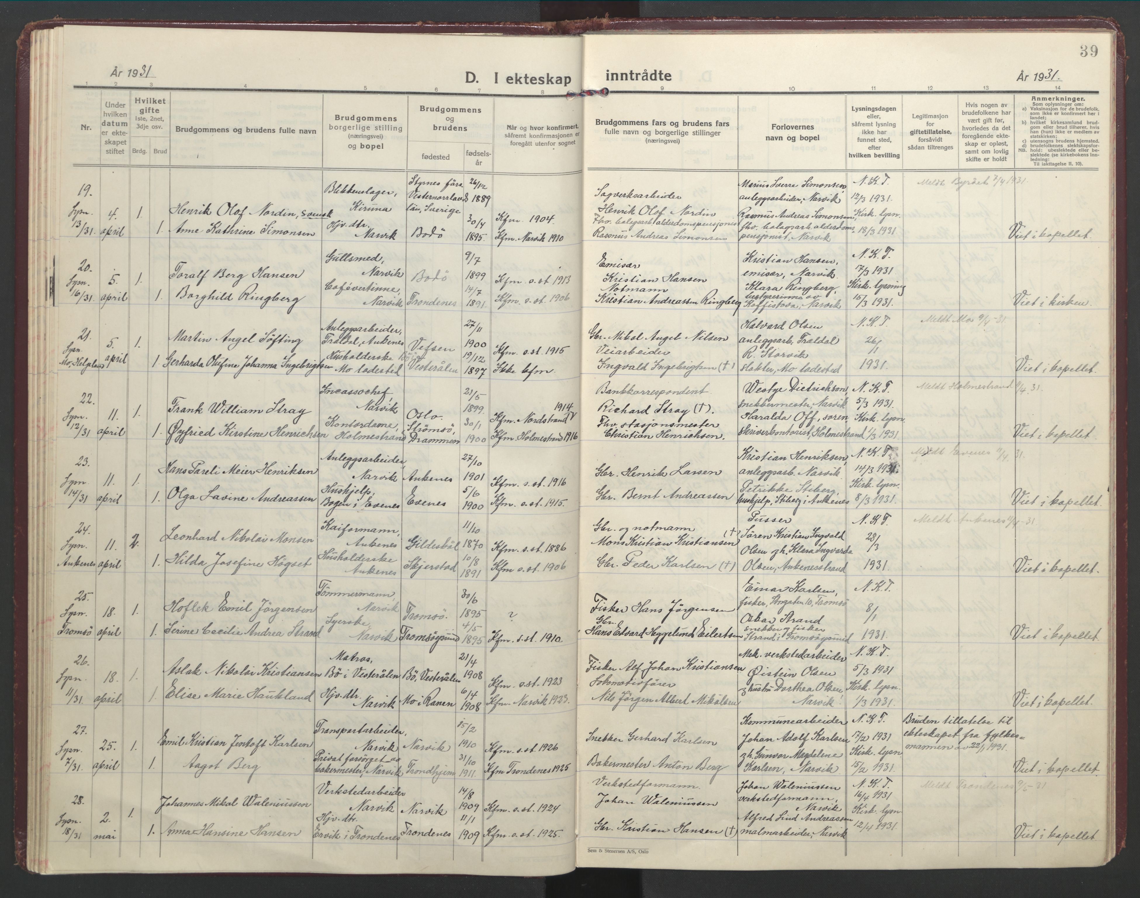 Ministerialprotokoller, klokkerbøker og fødselsregistre - Nordland, AV/SAT-A-1459/871/L1006: Parish register (official) no. 871A22, 1928-1936, p. 39