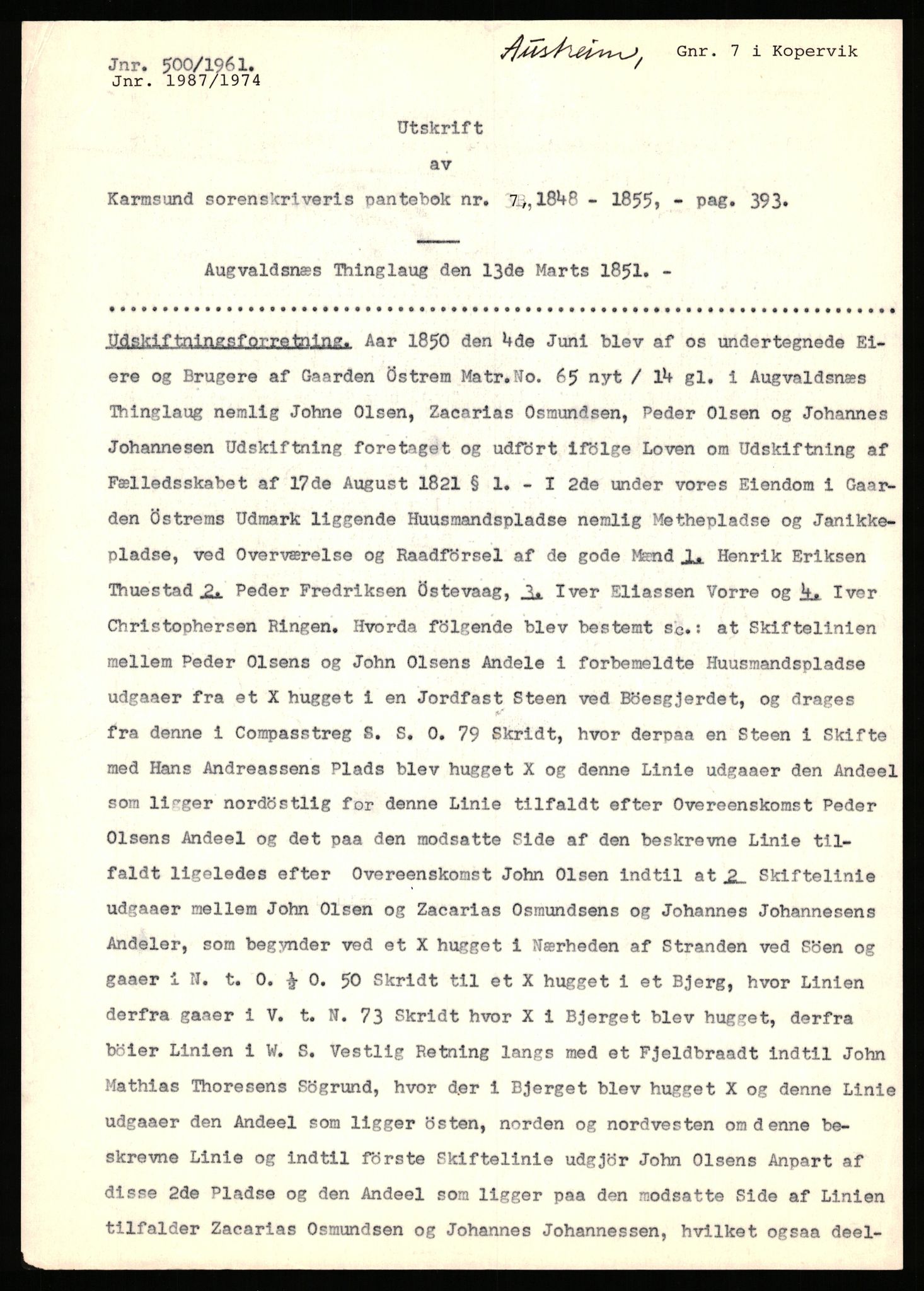 Statsarkivet i Stavanger, AV/SAST-A-101971/03/Y/Yj/L0005: Avskrifter sortert etter gårdsnavn: Austreim - Avinskei, 1750-1930, p. 20
