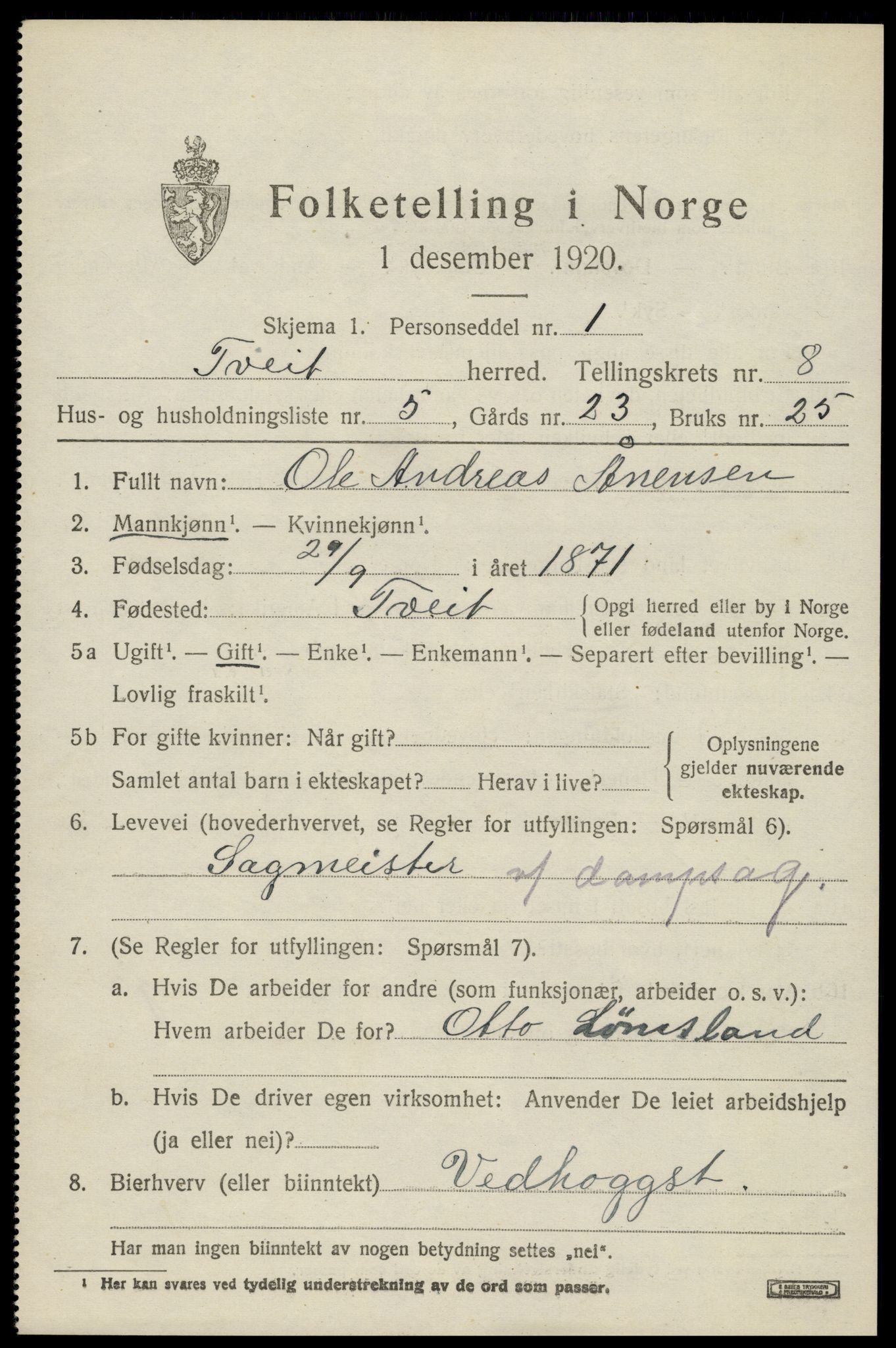 SAK, 1920 census for Tveit, 1920, p. 3508