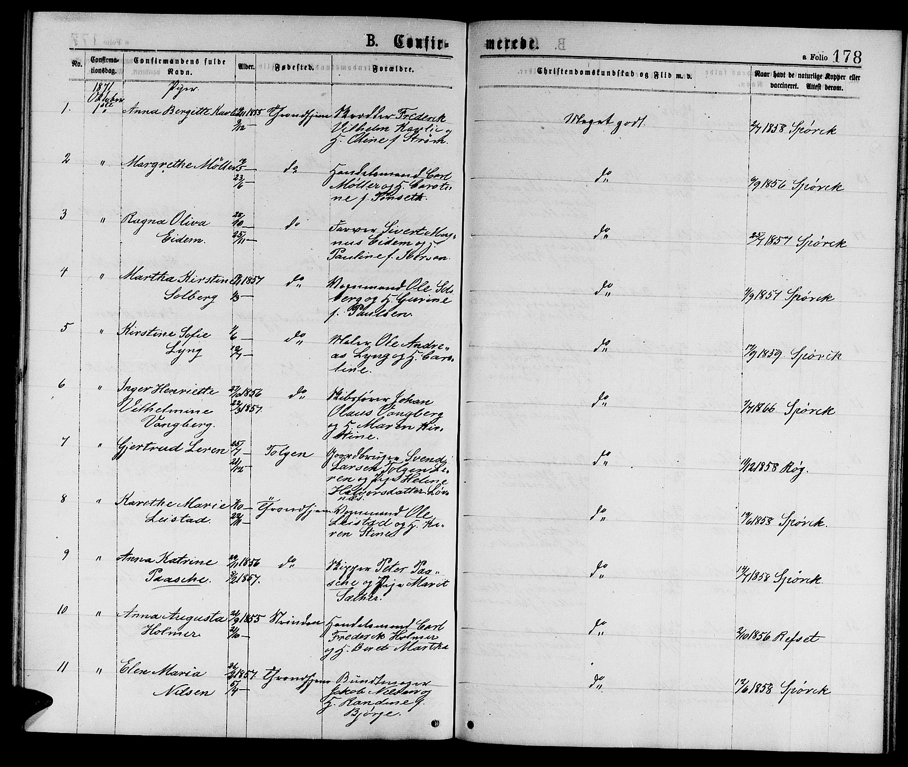 Ministerialprotokoller, klokkerbøker og fødselsregistre - Sør-Trøndelag, AV/SAT-A-1456/601/L0088: Parish register (copy) no. 601C06, 1870-1878, p. 178