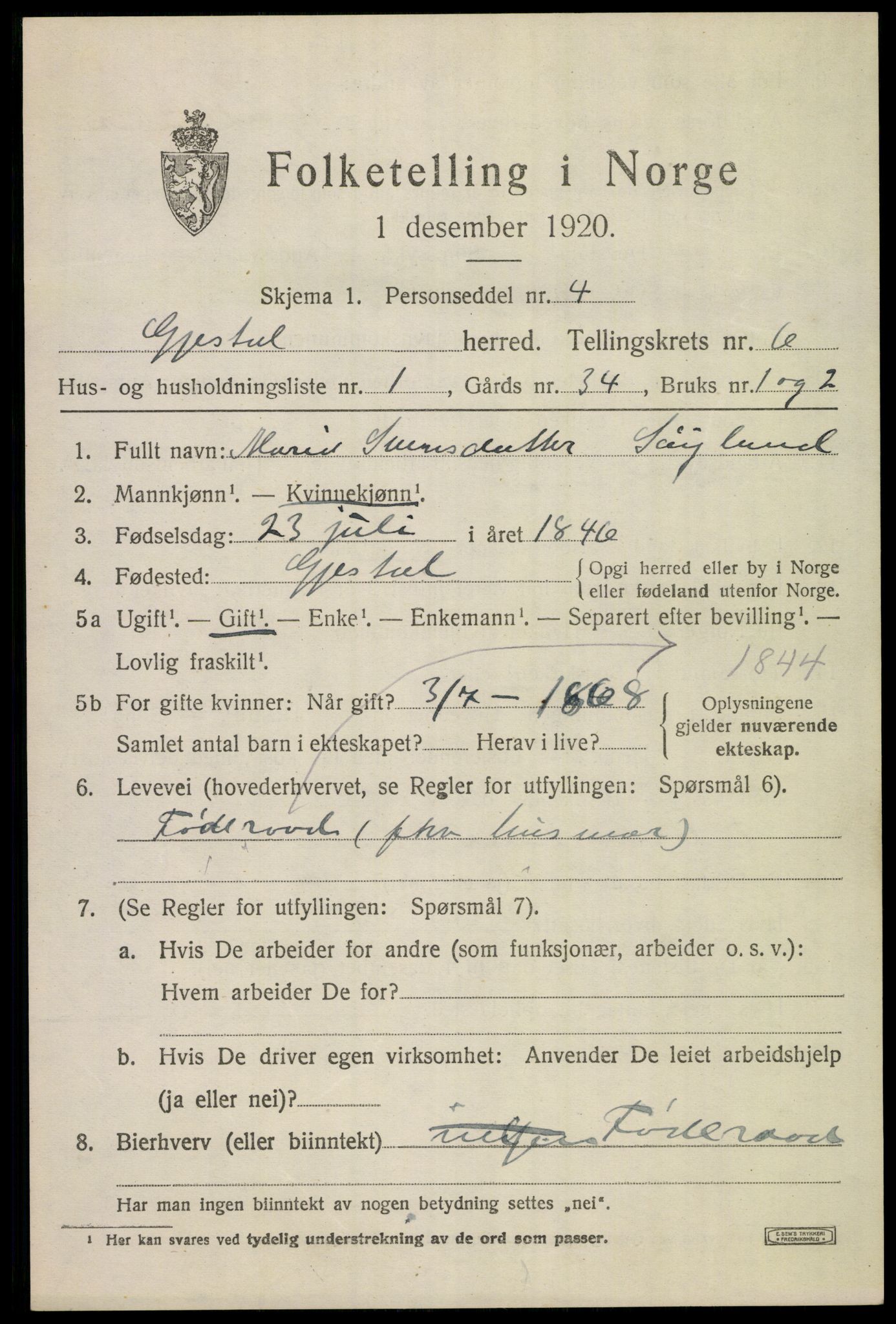 SAST, 1920 census for Gjesdal, 1920, p. 3394