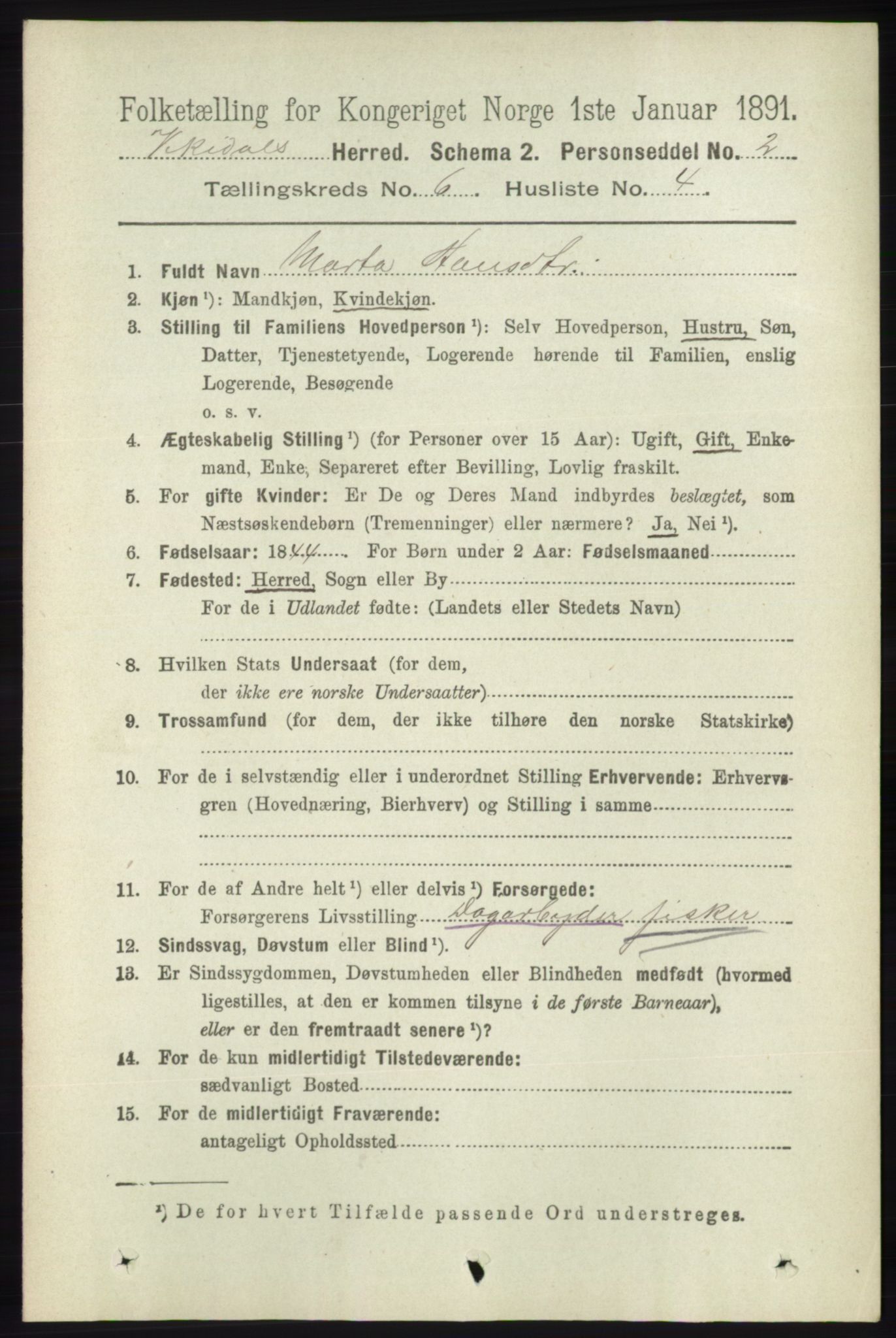 RA, 1891 census for 1157 Vikedal, 1891, p. 1584