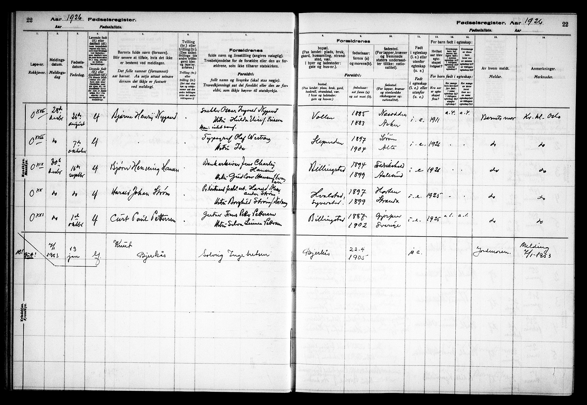 Asker prestekontor Kirkebøker, SAO/A-10256a/J/L0002: Birth register no. 2, 1925-1938, p. 22