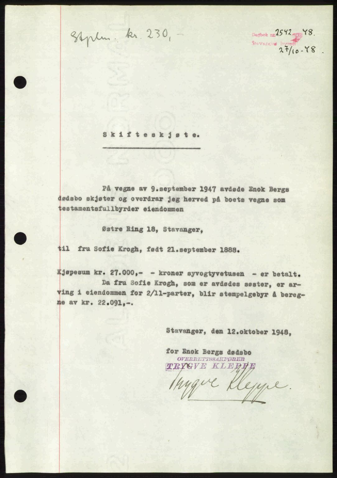 Stavanger byrett, SAST/A-100455/002/G/Gb/L0023: Mortgage book no. A12, 1948-1949, Diary no: : 2542/1948
