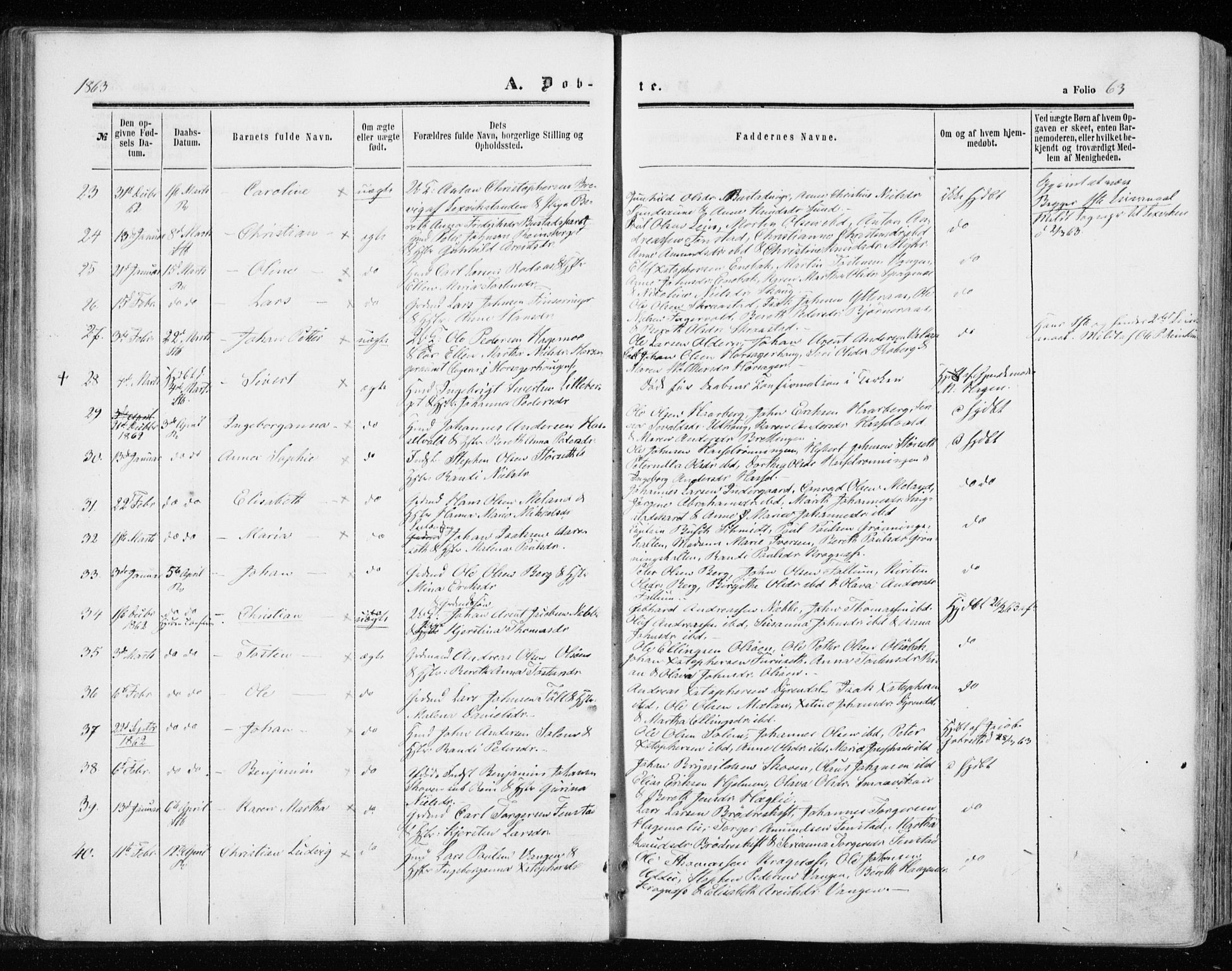 Ministerialprotokoller, klokkerbøker og fødselsregistre - Sør-Trøndelag, SAT/A-1456/646/L0612: Parish register (official) no. 646A10, 1858-1869, p. 63