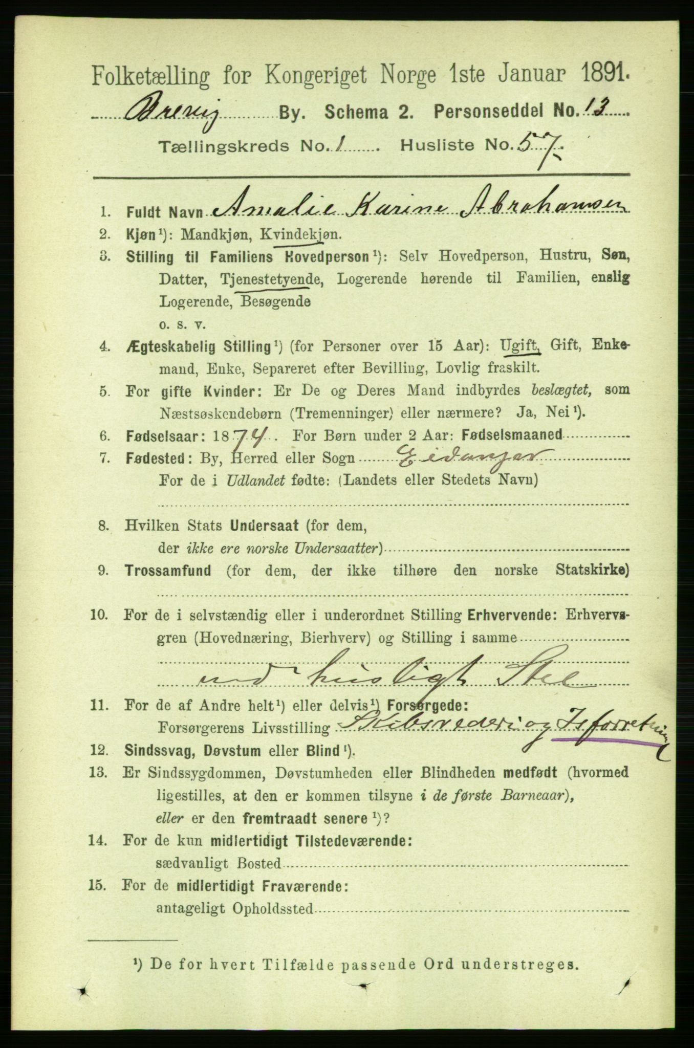 RA, 1891 census for 0804 Brevik, 1891, p. 1181