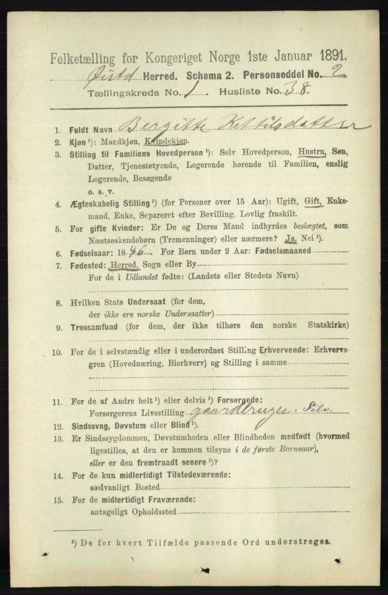 RA, 1891 census for 0920 Øyestad, 1891, p. 291