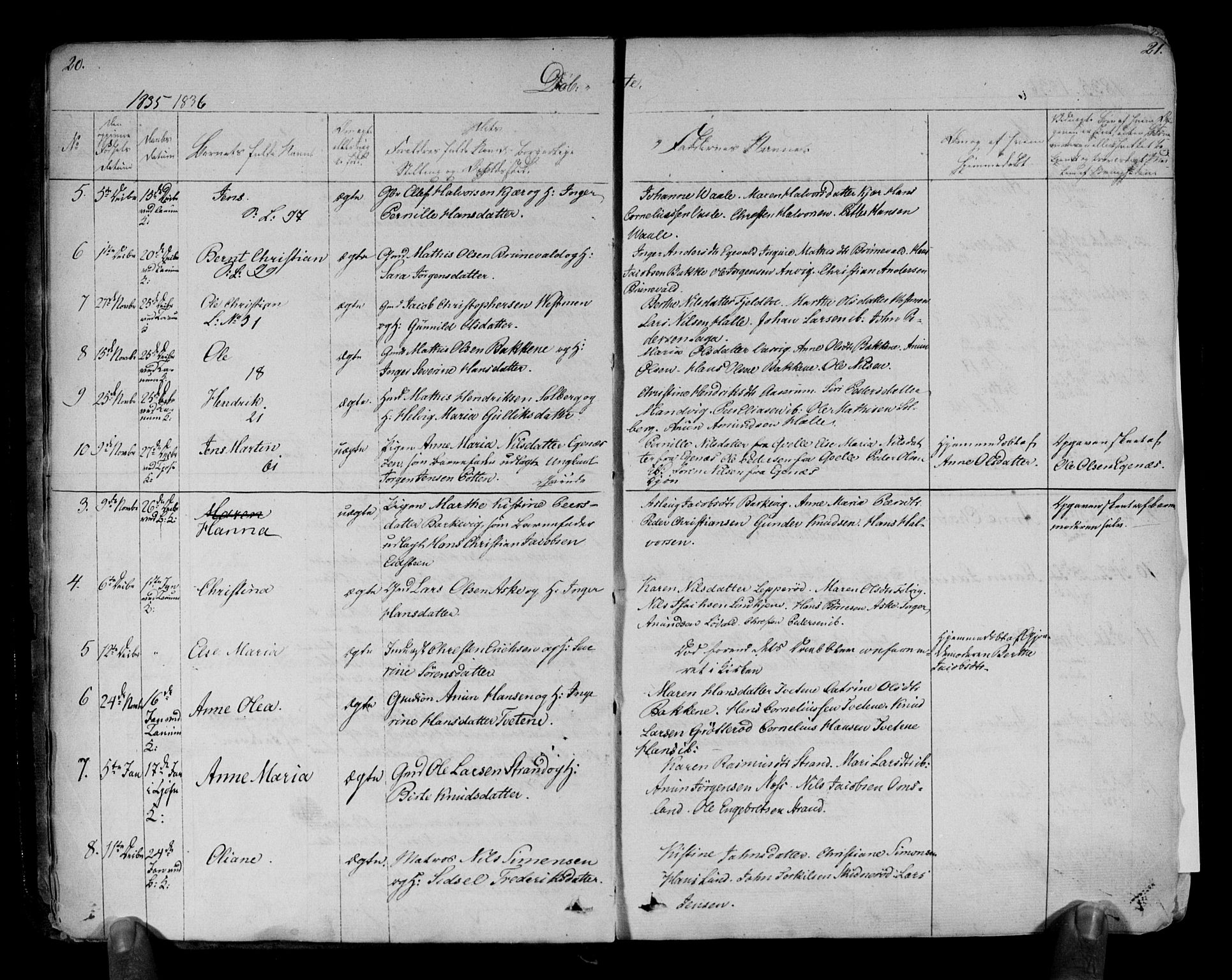 Brunlanes kirkebøker, AV/SAKO-A-342/F/Fa/L0003: Parish register (official) no. I 3, 1834-1845, p. 20-21